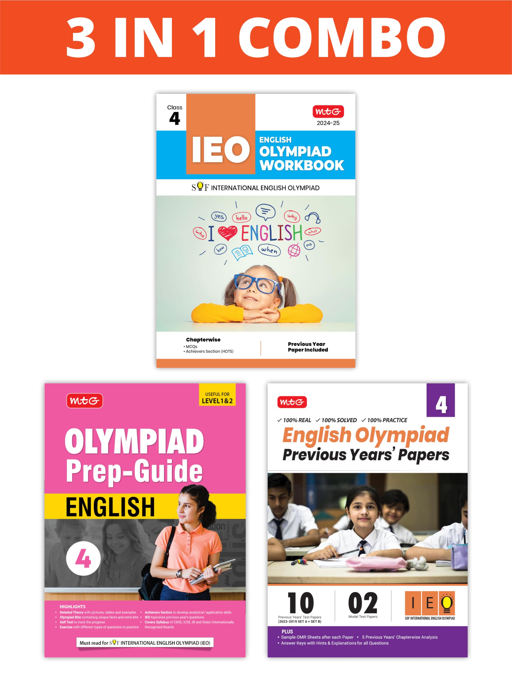 MTG International English Olympiad (IEO) Workbook Prep-Guide & Previous Years Papers (PYQs) with Mock Test Paper Class 4 - SOF Olympiad Books For 2024-25 Exam (Set of 3 Books) [Paperback] MTG Editorial Board