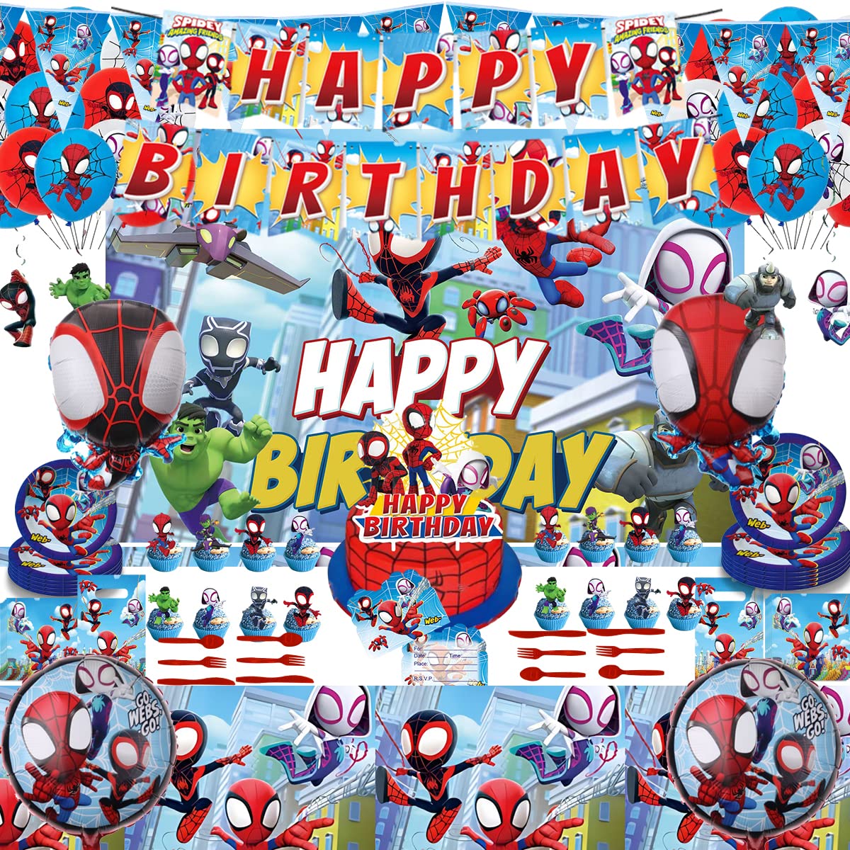 Amazon.com: Spider Birthday Party Supplies, Cartoon Spider Party  Decorations Set Include Banner,Plates,Table cover,Cake topper,Cupcake  topper,Background,Balloons,Gift bag : Toys & Games