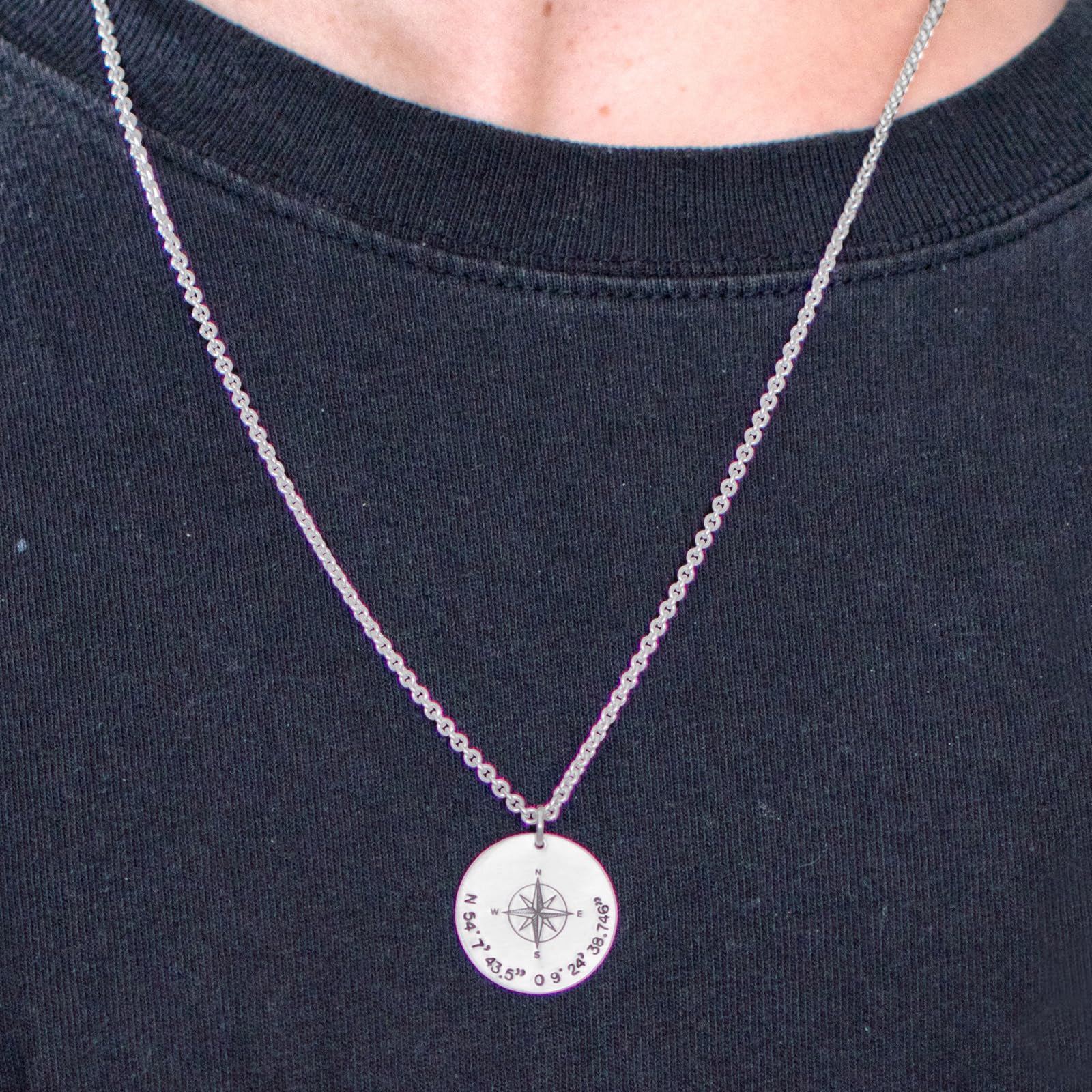 Herren Kette Männerkette Koordinaten personalisiert GPS Silberkette Gravur Kompass Geschenk Mann Lieblingsort
