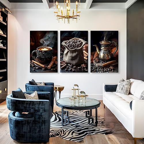 Miniatura 3 de Gueeclk Arte de pared en lienzo de barra de café, impresiones en lienzo de granos de café en tela de saco, juego de 3 arte de pared marrón, imagen