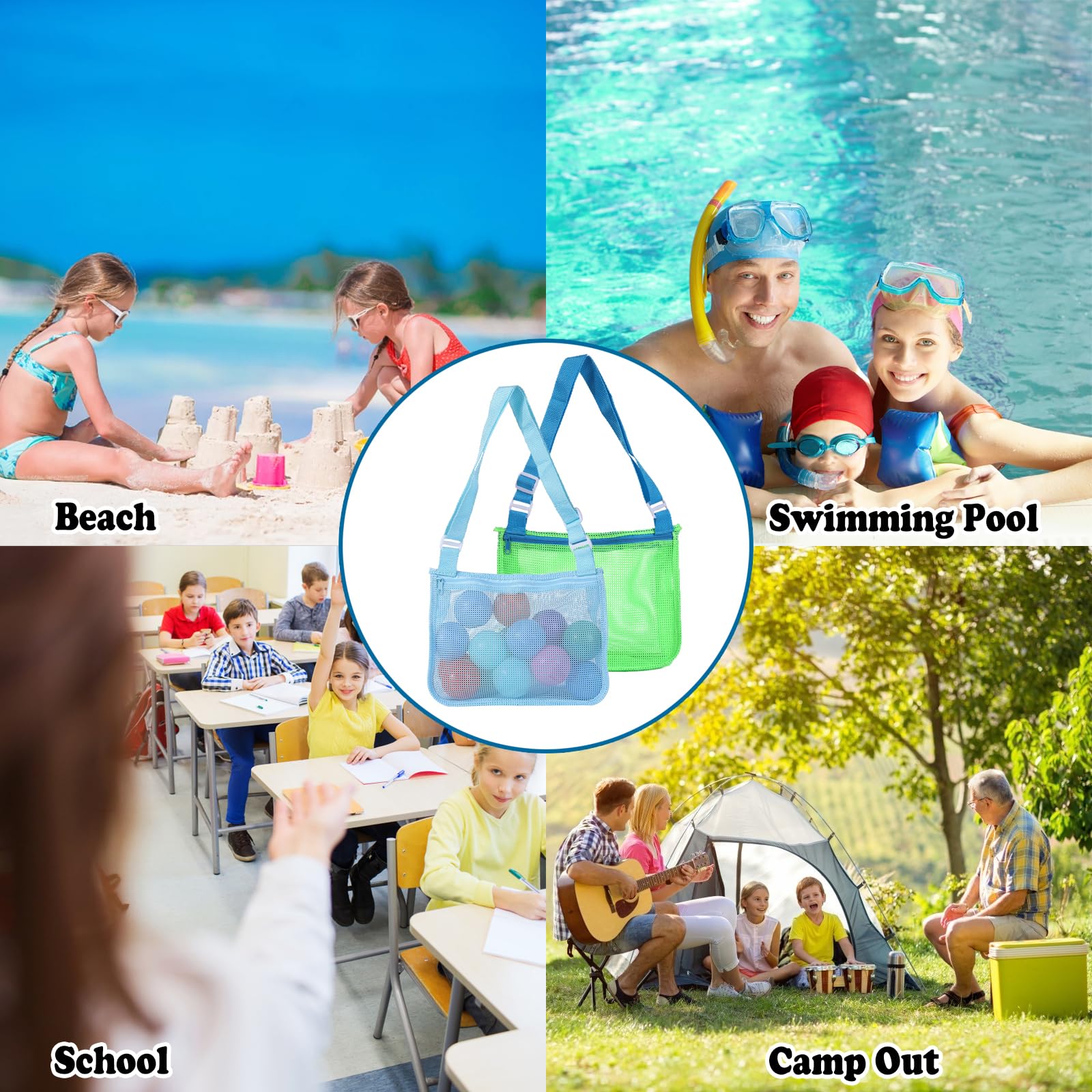 Darryy Bolsa Playa Niños, 2 Piezas Niños Bolsa de Malla Playa, Bolsa de Red Para Conchas, Bolsillo de Malla Con Cremallera y Tirantes Ajustables Para Jugar En La Playa