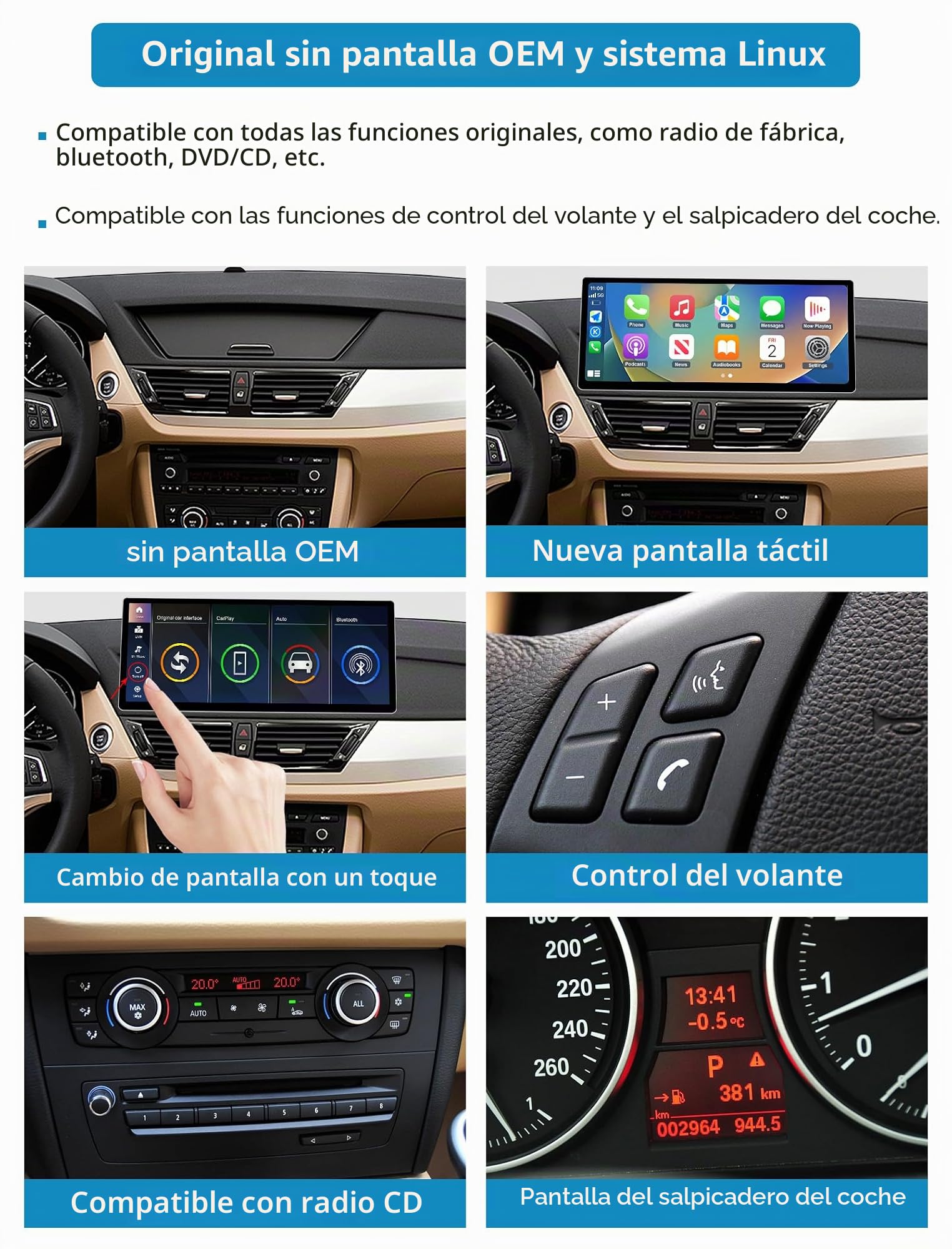Radio para Coche de 12,3 Pulgadas con Pantalla táctil y Carplay inalámbrico y Android Auto para BMW X1 Serie E84 2009-2015 (sin Pantalla OEM), Compatible con Mirrorlink, música y navegación