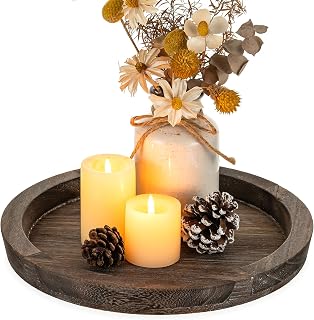 Hanobe Round Wooden Tray for Coffee Table - Rustic Farmhouse Decorative Serving Tray, Paulownia Wood Candle Holder Centerpiece 11.2"