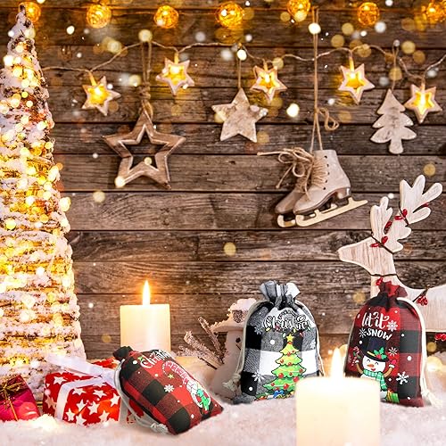 Miniatura 5 de 24 bolsas de regalo de Navidad con cordón, bolsa de arpillera de Navidad, bolsa de Navidad de algodón lavable para envoltura de dulces, recuerdos de