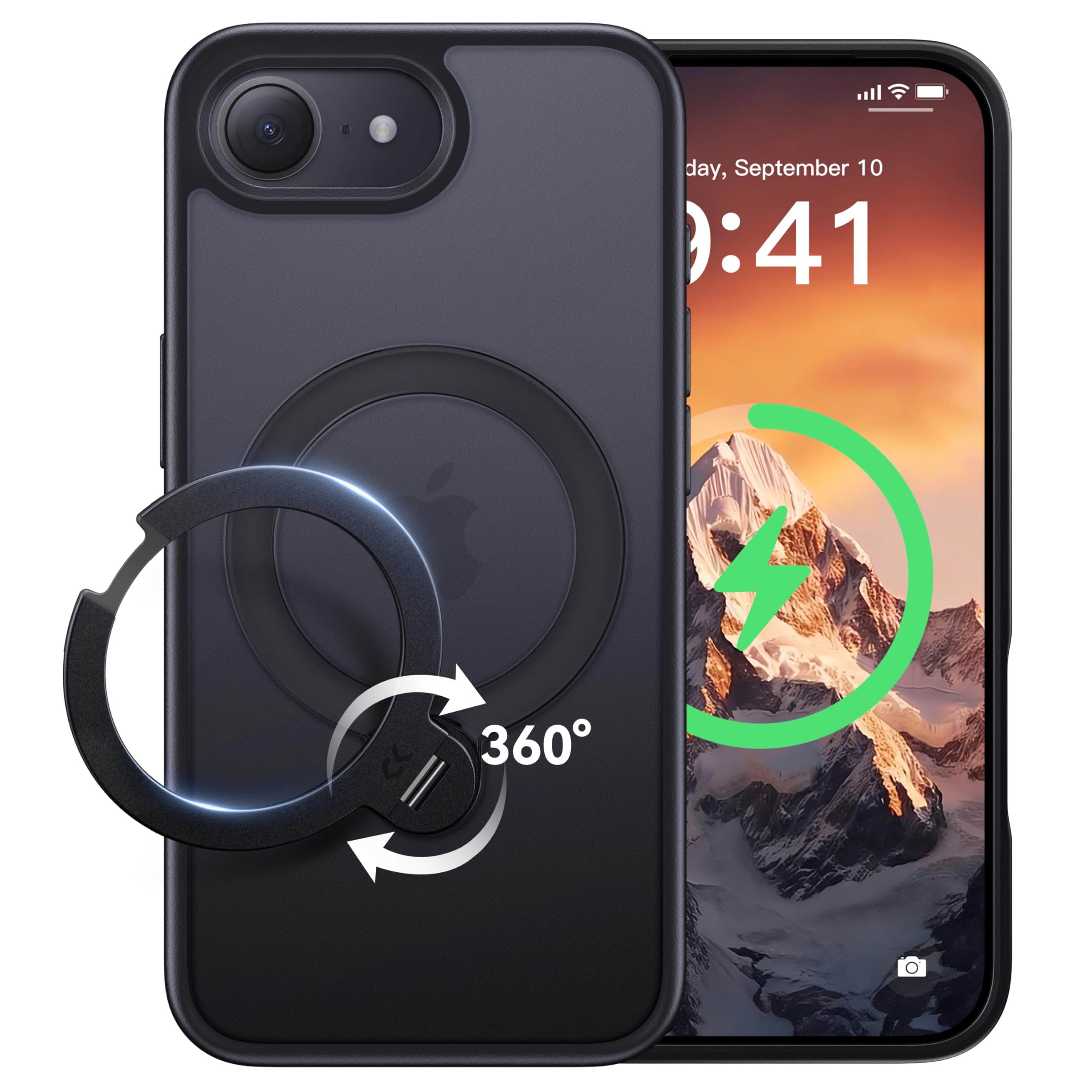 【2026最高傑作&定点360度回転】CASEKOO iPhone 16e 用 ケース 米軍MIL規格 耐衝撃 MagSafe対応 高耐久性【横縦両立・角度自由調整】急速充電対応 指紋防止/マット仕上げ/黄変防止/半透明 超強磁力 ラップホール付き ワイヤレス充電対応 アイフォン16e 用ケース 6.1インチ「MagicStand Pro」(ブラック)