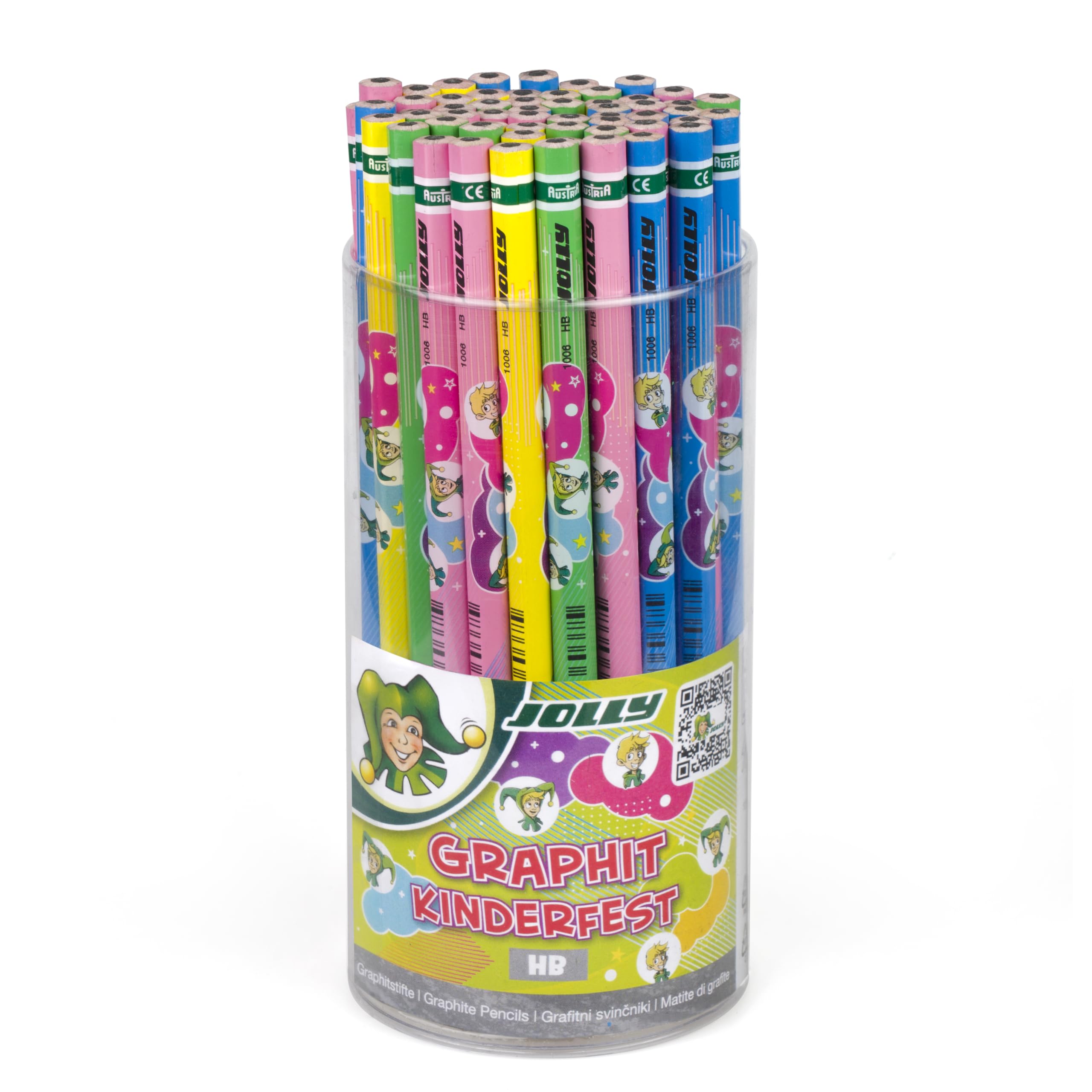 JOLLY Graphitstifte HB Nr. 2 Kinderfest, 60 Stück Runddose, bruchfeste Bleistifte für Schreibanfänger, 3,8 mm Mine, verstärkter Holzschaft, für Vorschule und Schule