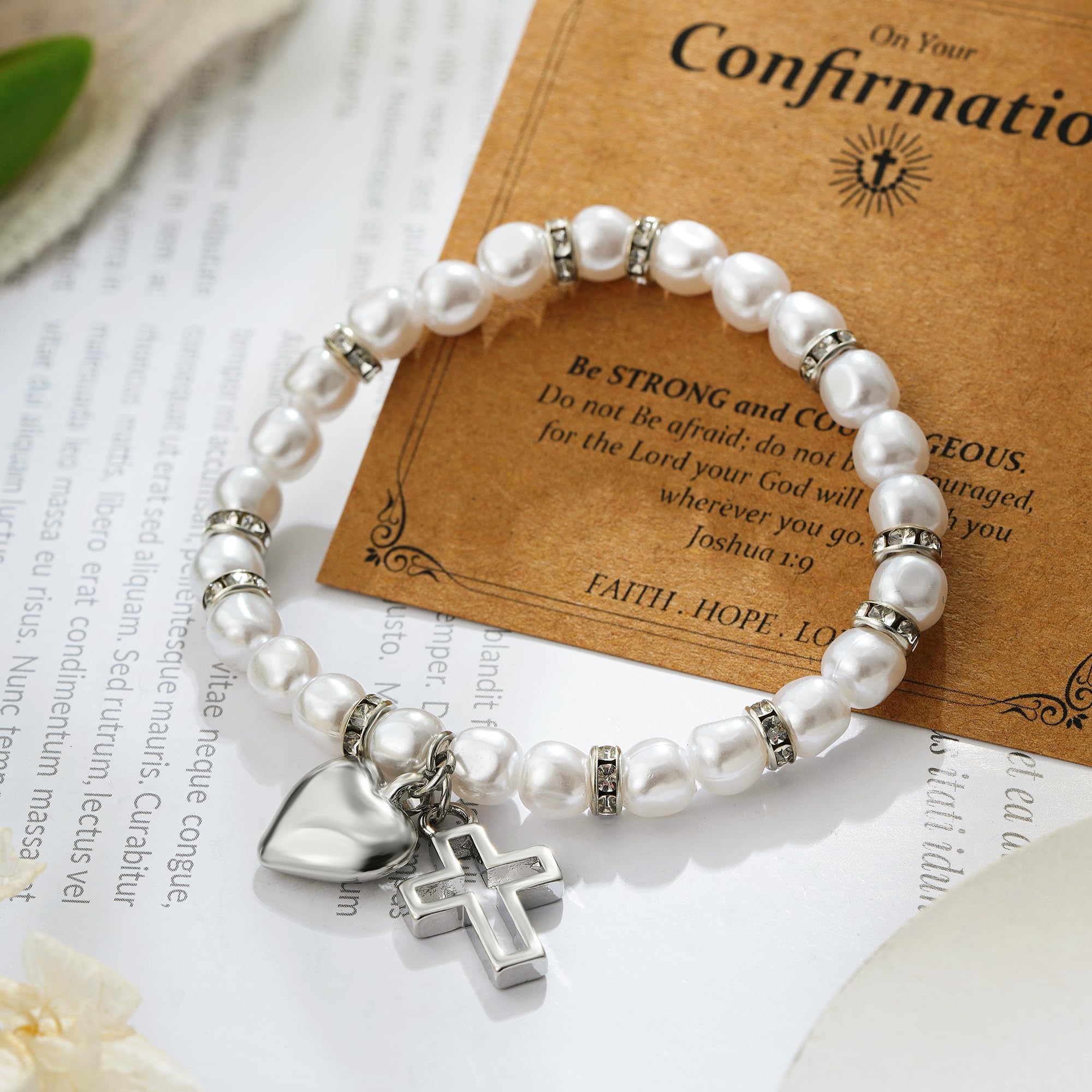 Bransoletka dla dziewcząt z zawieszką w kształcie krzyża, bransoletka z pereł, na komunię, dla dziewcząt, biżuteria religijna, prezent na komunię, dla dziewcząt, wiara chrześcijańska
