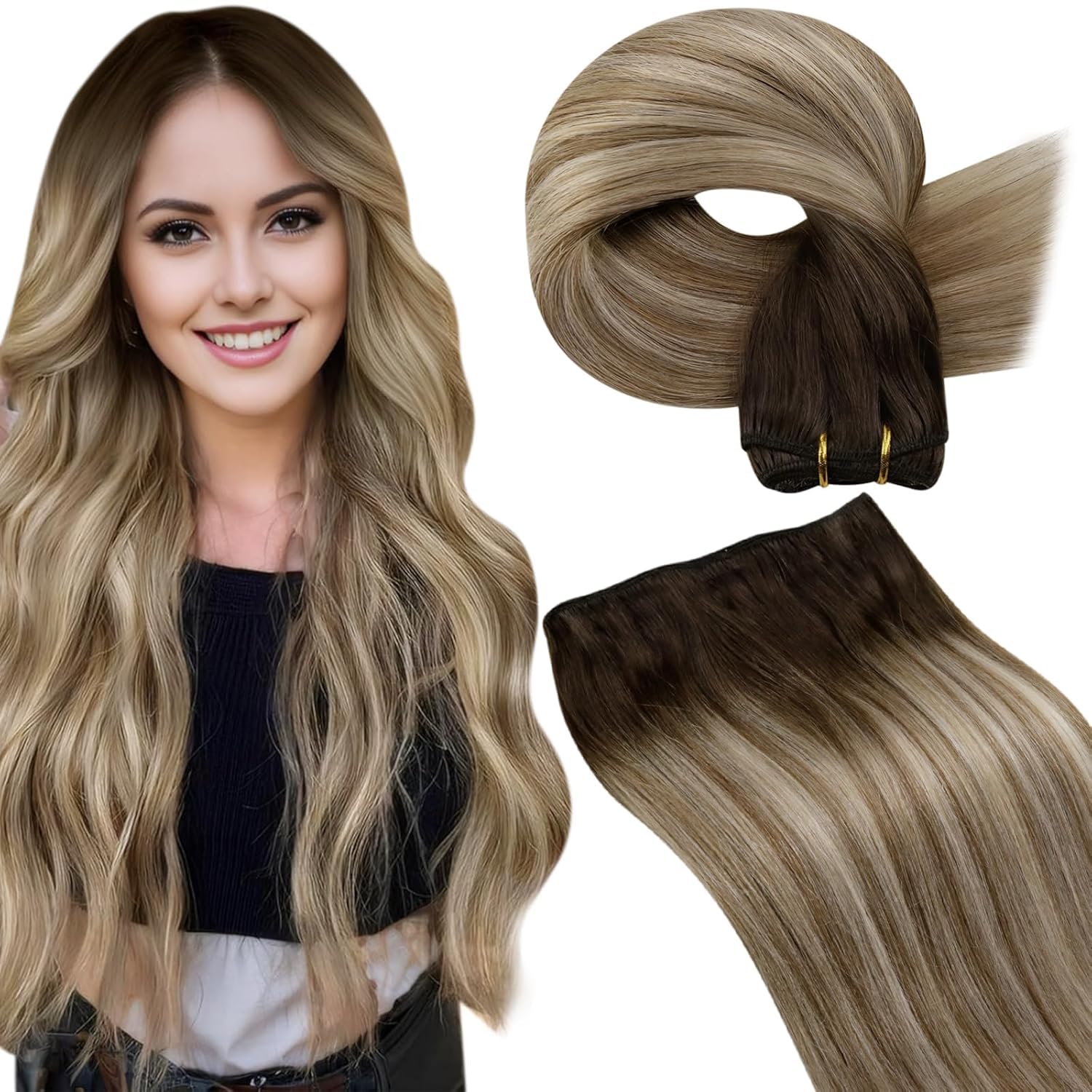 LaaVoo Echthaar Tressen Blayage Braun 55cm Haarverlängerung Echthaar Weft Extensions Dunklbraun Ombre Hellbraun und Hellblond Sew in Weave Extensions Echthaar Doppelt Tressen 100g