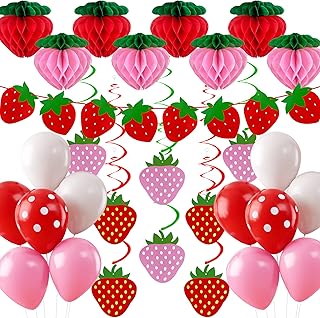 36PCS Strawberry Party Decorations Set Strawberry Themed Banner Balloons Honeycombs Swirls for Girls Birthday Party