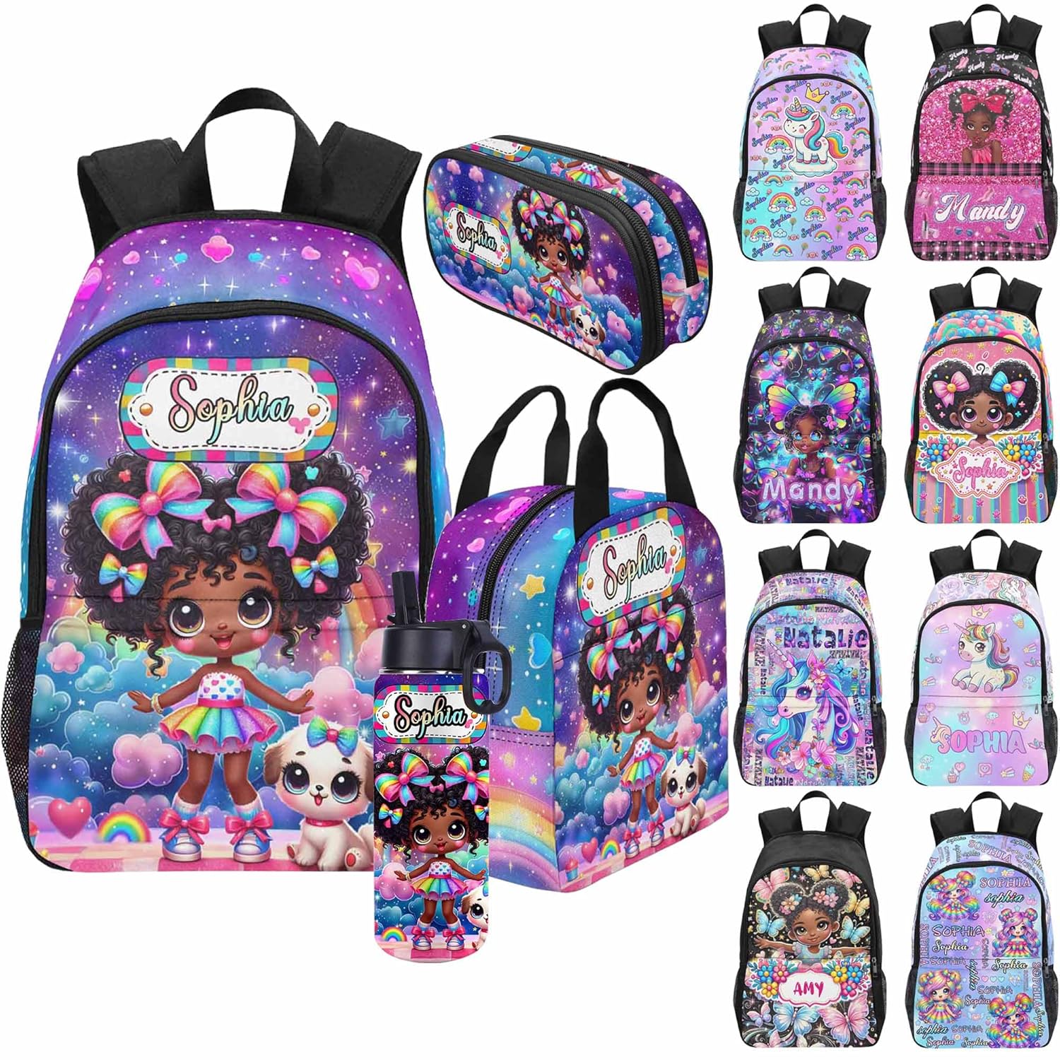Custom Backpack for Black Girls Personalized Kid Princess Backpack Daypacks and Lunch Box Set with Name for School