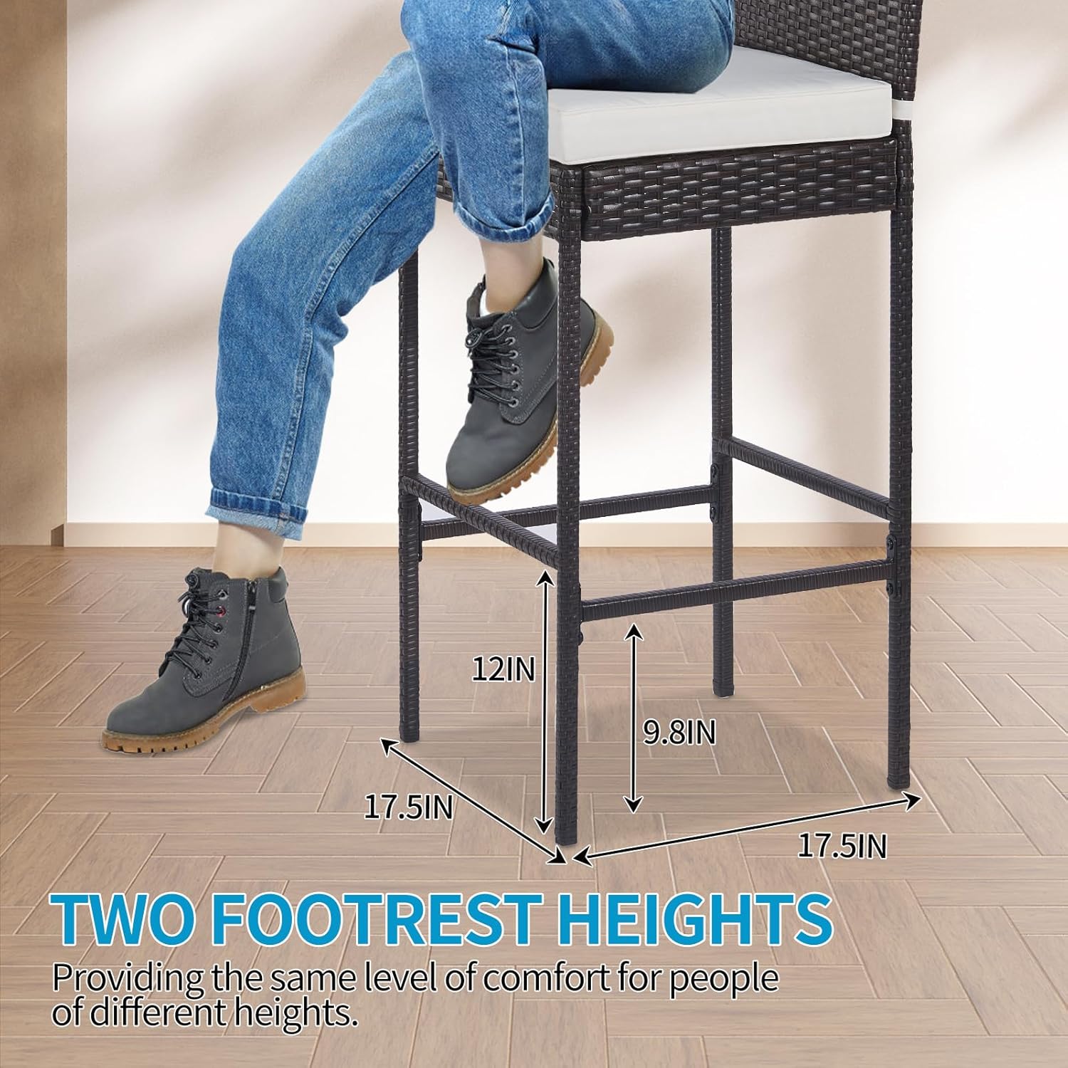 Dkelincs 30 Inch Outdoor Bar Stools Set of 2 All-Weather Patio Furniture Counter High Chairs with Backs Footrest Armrest & Thick Cushion,Black