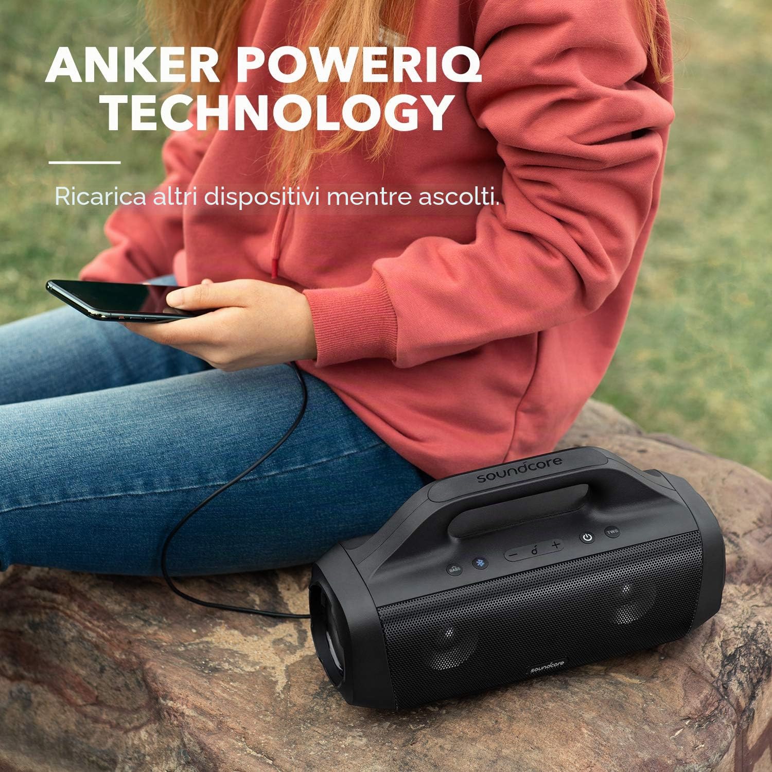 Soundcore Motion Boom Cassa Bluetooth Portatile, con driver audio in titanio, tecnologia BassUp, IPX7, 24h, ideale per esterni, giardino, spiaggia