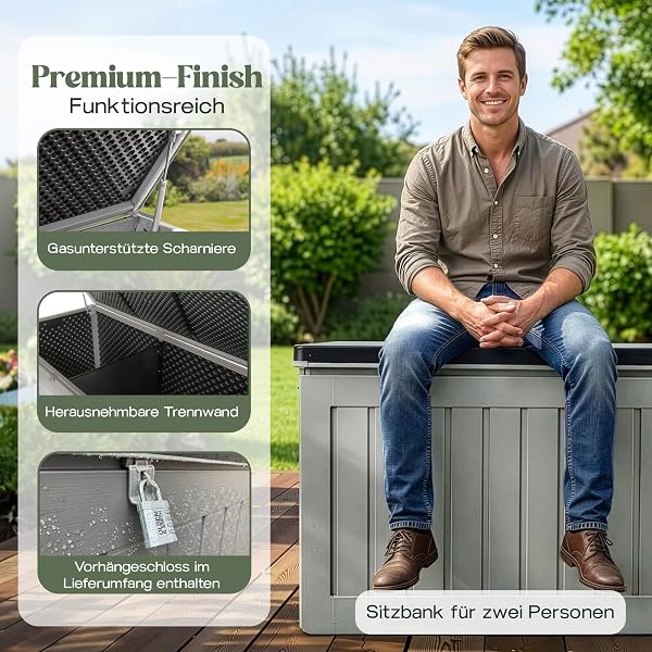 Olsen & Smith 830L Extra-Large Outdoor Storage Box, Garden Storage Box Wood Effect, Heavy Duty Weather Resistant Large Storage Box with Lid, Padlock, Cushion,Tool Chest Bench, Grey, 160 x 78 x 76 cm - 3