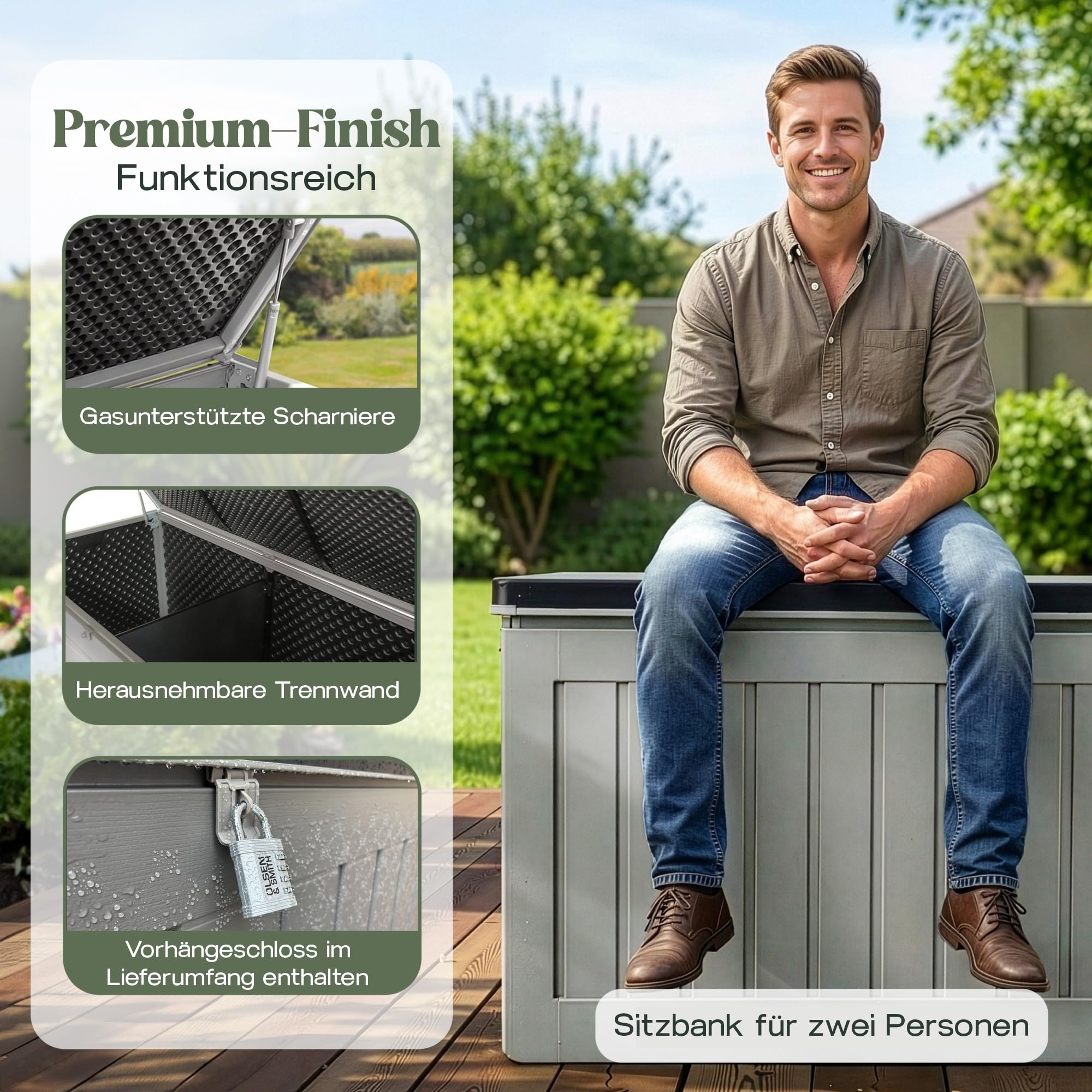 Olsen & Smith Abschließbare XXL 830L Aufbewahrungsbox mit Deckel Groß – Wetterfeste Gartenbox & Sitzbank mit Gasdruckfeder – Wasserdicht Auflagenbox & Kissenbox – Gartentruhe Anthrazit Holzoptik