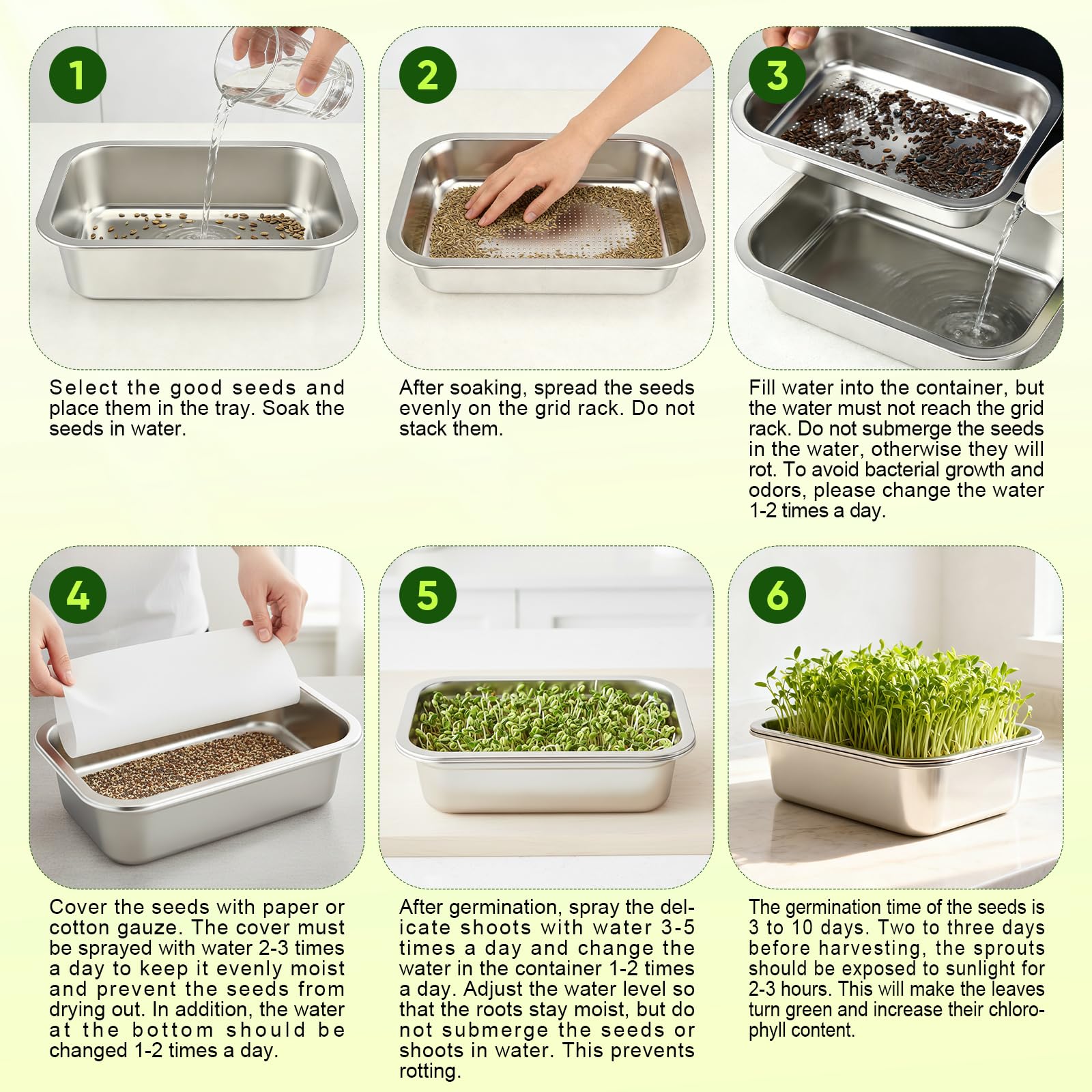 Lot de 2 Plateaux de Germination Graines en Acier Inoxydable, Kit Germoir INOX pour Microgreens,Culture Hydroponique sans Terre,Bac à Germes Réutilisable pour Cresson,Roquette et Pousses de Légumes