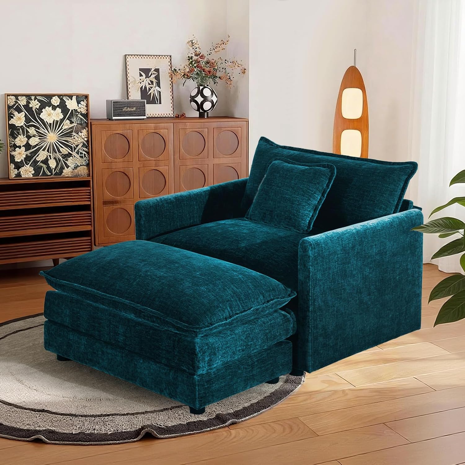 SoarFlash Chenille Sectional Sofa, Comfy Modular Single Sofa with Ottoman, Modern Recliner Deep Seat Sofa Set for Living Room,Deep Blue