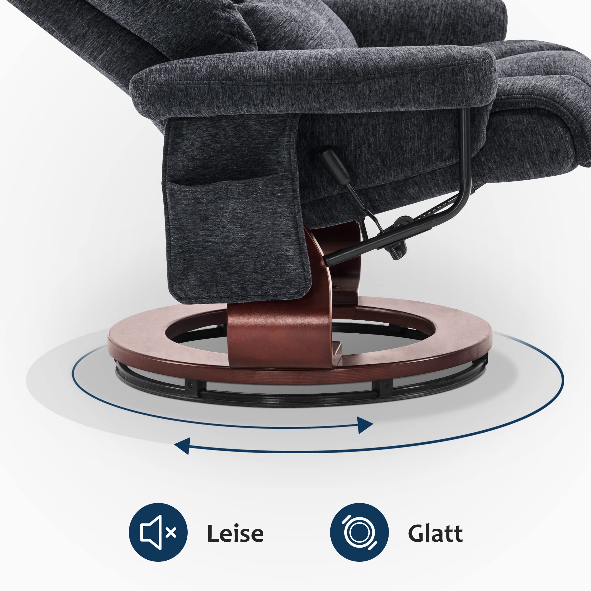 M MCombo 9066 Fauteuil Relax avec Pouf, pivotant,avec Fonction Chaise Longue, avec Coussin et Poche latérale, sans Fonction Massage, Tissu, Gris foncé