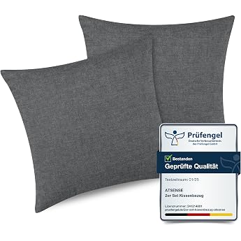 ATsense Set of 2 Cushion Covers Measuring 50 x 50 cm 100% Washed Cotton with Zip Super Soft Premium and Cosy Cushion Covers Dark Grey