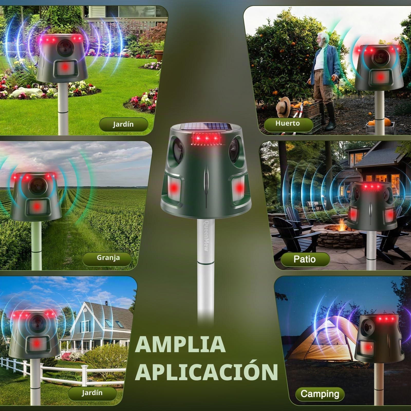 Ahuyentador de gatos ultrasónico solar, para jardín, impermeable, 5 modos, ajustable, carga solar, 360°, eficaz para gatos, perros, pájaros, ratones