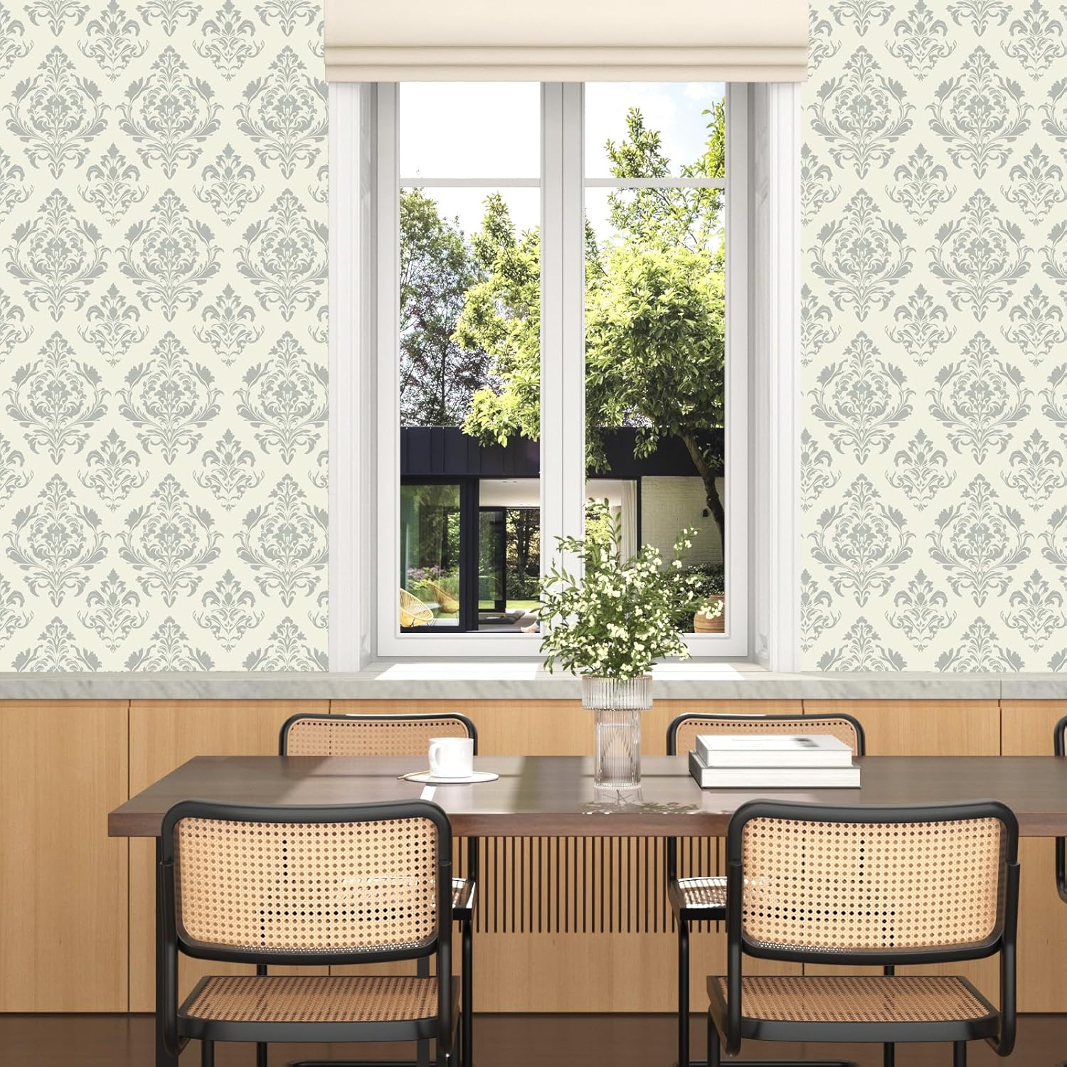 Laatse Vintage Beige Floral Wallpaper Peel and Stick Symmetrical Cantact Paper Waterproof Self Adhesive Removable Damask Leaf Wall Paper for Bedroom Walls Drawer Cabinet 17.5in x118in