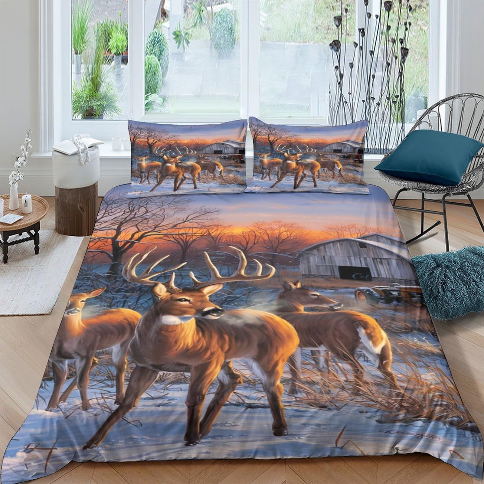 Ctjqhvkz Style-2 3D Printed Deer Forest Fitted Sheet Microfiber Soft Mattress Cover Sunset Landscape Bedroom Decor Anti-Slip Washable Single（135X200cm）