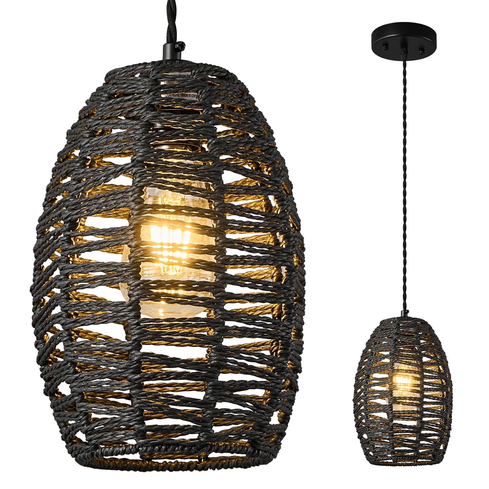 Lámpara Araña de Ratán Negro para Isla Cocina, Altura Ajustable, Estilo Bohemio E27 Cesta de Sala de Estar Granja (1-Paquete)