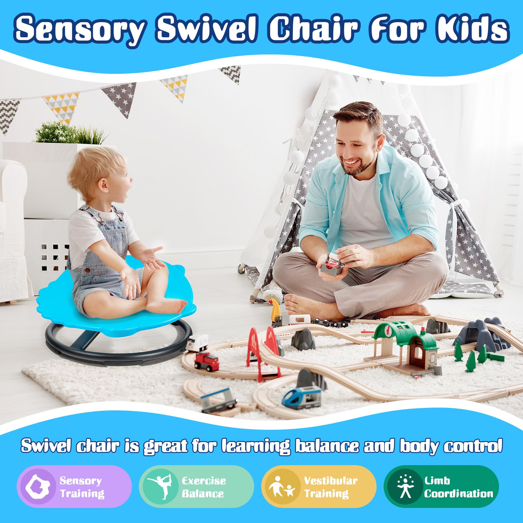 UHCEMT Sensory Spinning Chair for Autistic Kids, ADHD Autism Swivel Chair Training Body Coordination, Metal Base Non-Slip Sit and Spin Toys for Kids (Blue)
