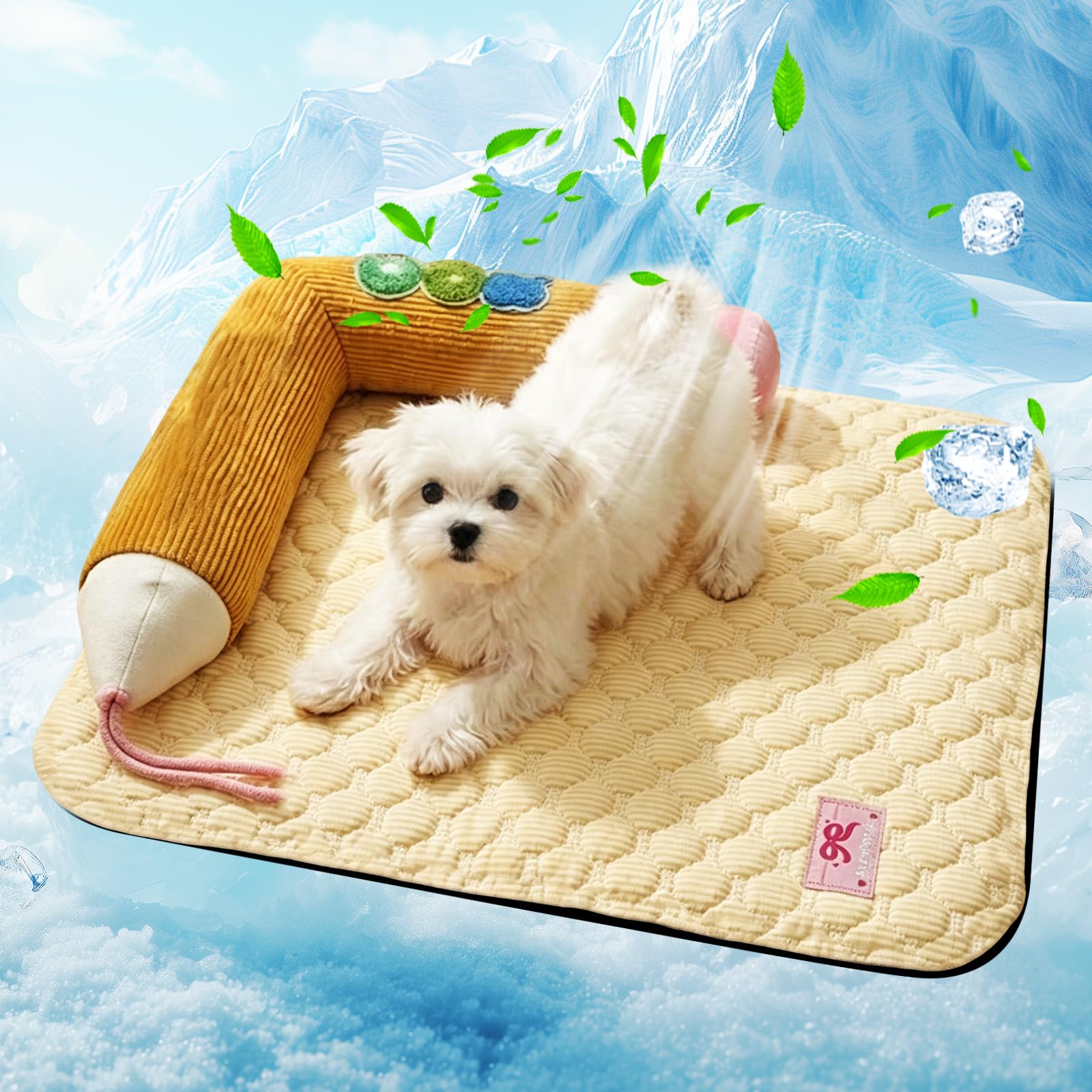 PETCUTE Dog Cooling Bed Washable,Orthopedic Cooling Mat for Dogs Cats,Summer Pet Bed with Removable Cover,Pet Cool Mat Bed Pad with Pillow,Scratch-Resistant,for Small Medium Large Dogs,L