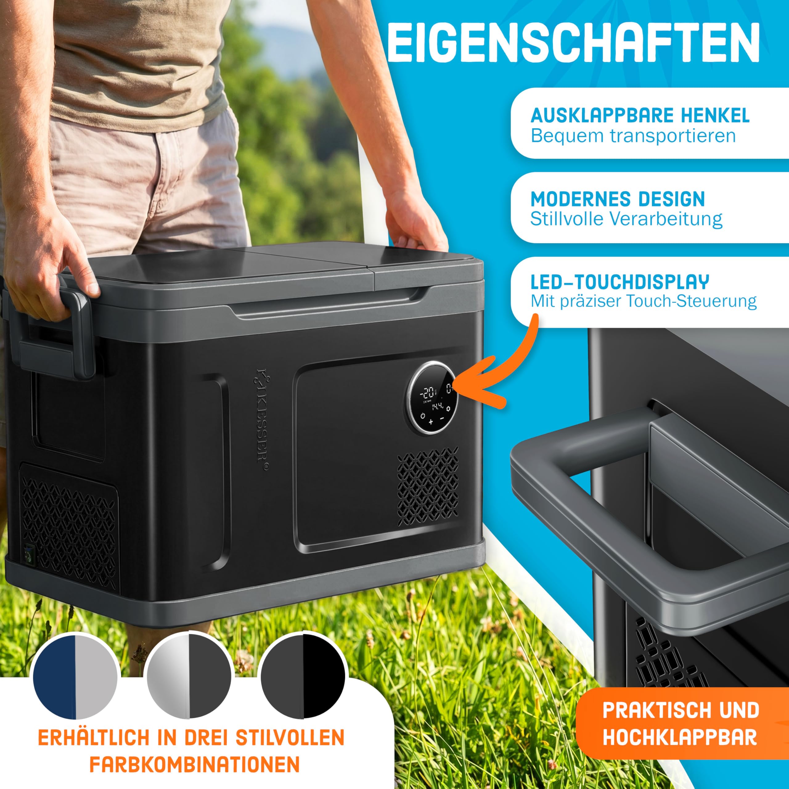 KESSER® Glacière à compresseur 2en1 double zone de réfrigération & de congélation, électrique Glacière de congélation Commande tactile LED 12/24 V 230V, Réfrigération jusqu'à -20 °C 49 Litres