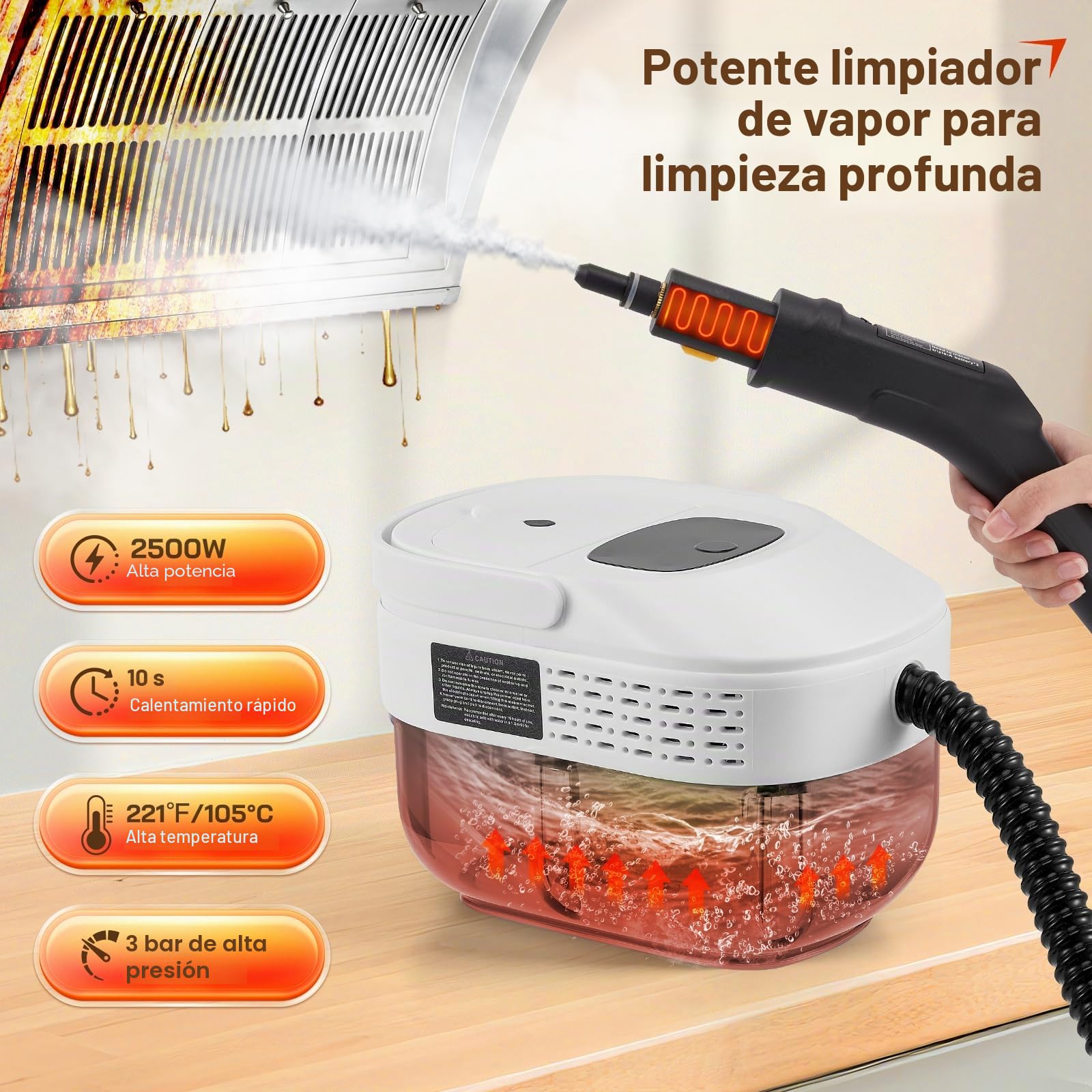 Limpiador de Vapor Portátil 2500W con Depósito de 1,6L – Presión de 3 Bar y Vapor a 105°C – Limpieza Multiusos Sin Químicos para Suelos, Cocina, Ventanas, Tapicería