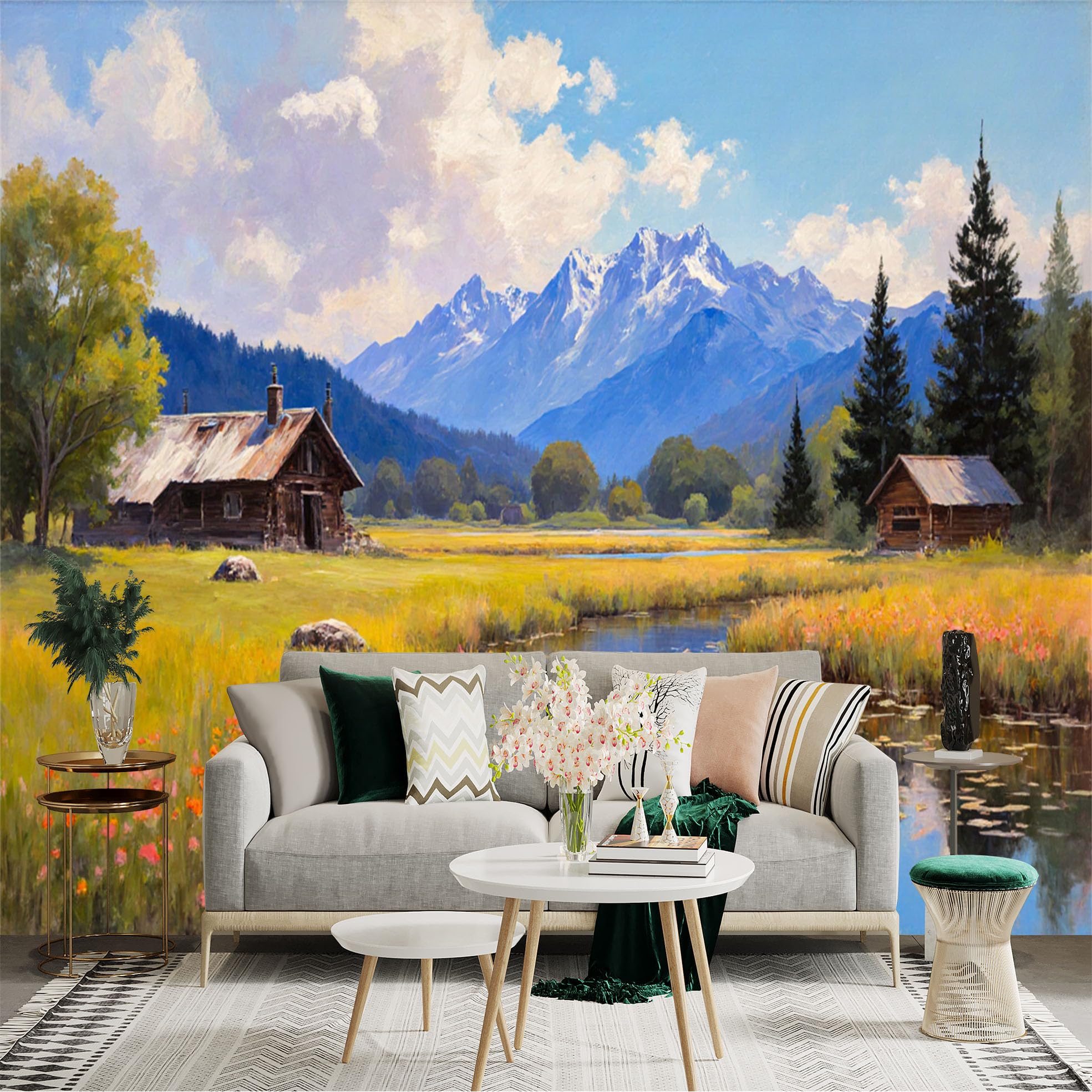 Custom Size Wall Sticker Mural， Mountain Landscape with Cabin， Meadow， River and Pine Trees， for wall Decoration， peelandstick wall Decals.