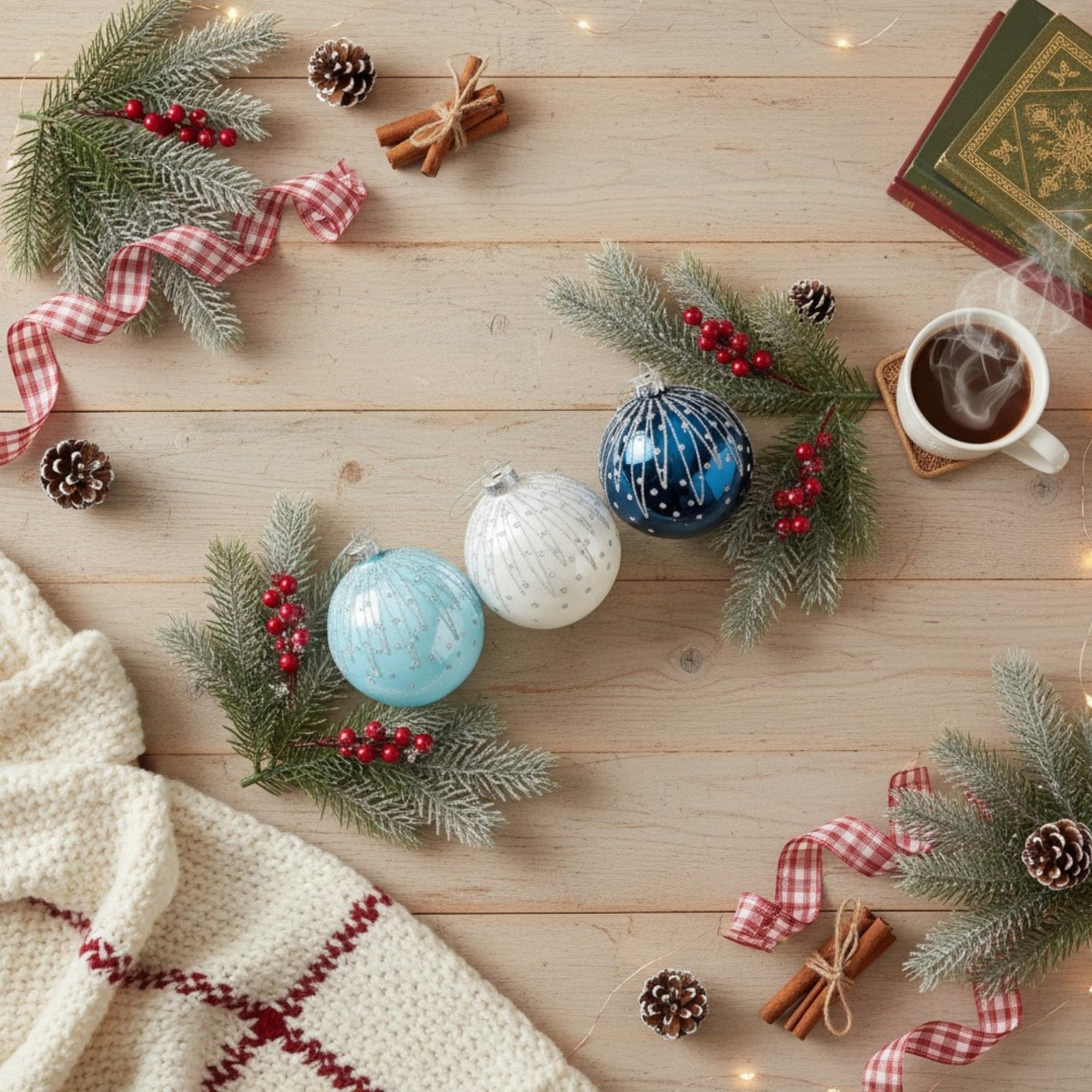 12 Stück/80 mm Glaskugeln, Weihnachtsbaumkugeln, hängende Ornamente, Verschiedene Designs, Weihnachtsbaumschmuck, Blau, Weiß