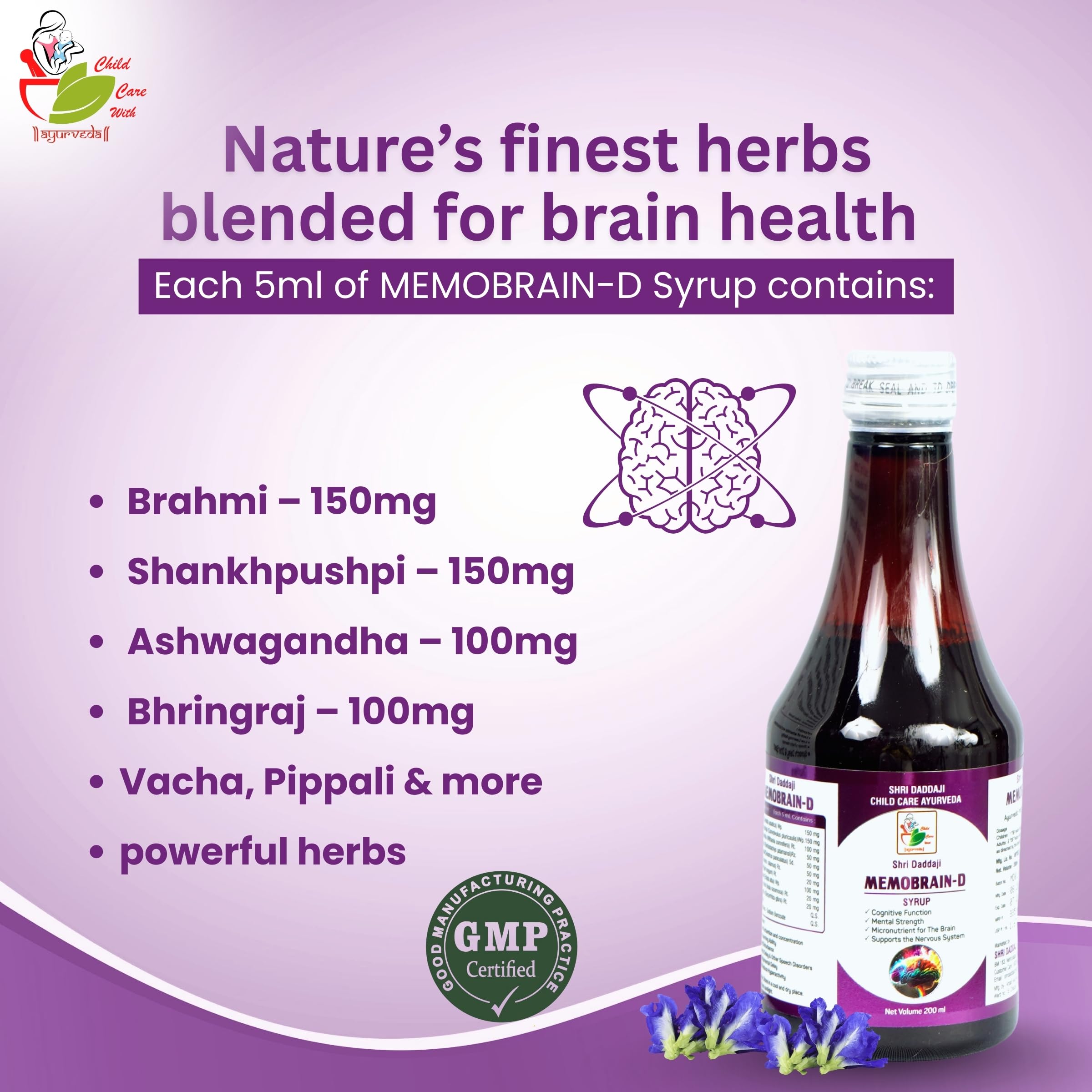 Shri Daddaji Memobrain-D Syrup 200ml | Ayurvedic Brain Tonic for Kids | Supports Cognitive Function, Mental Strength, Speech Delay, Concentration & Hyperactivity | Herbal Memory Booster - Image 3 thumbnail