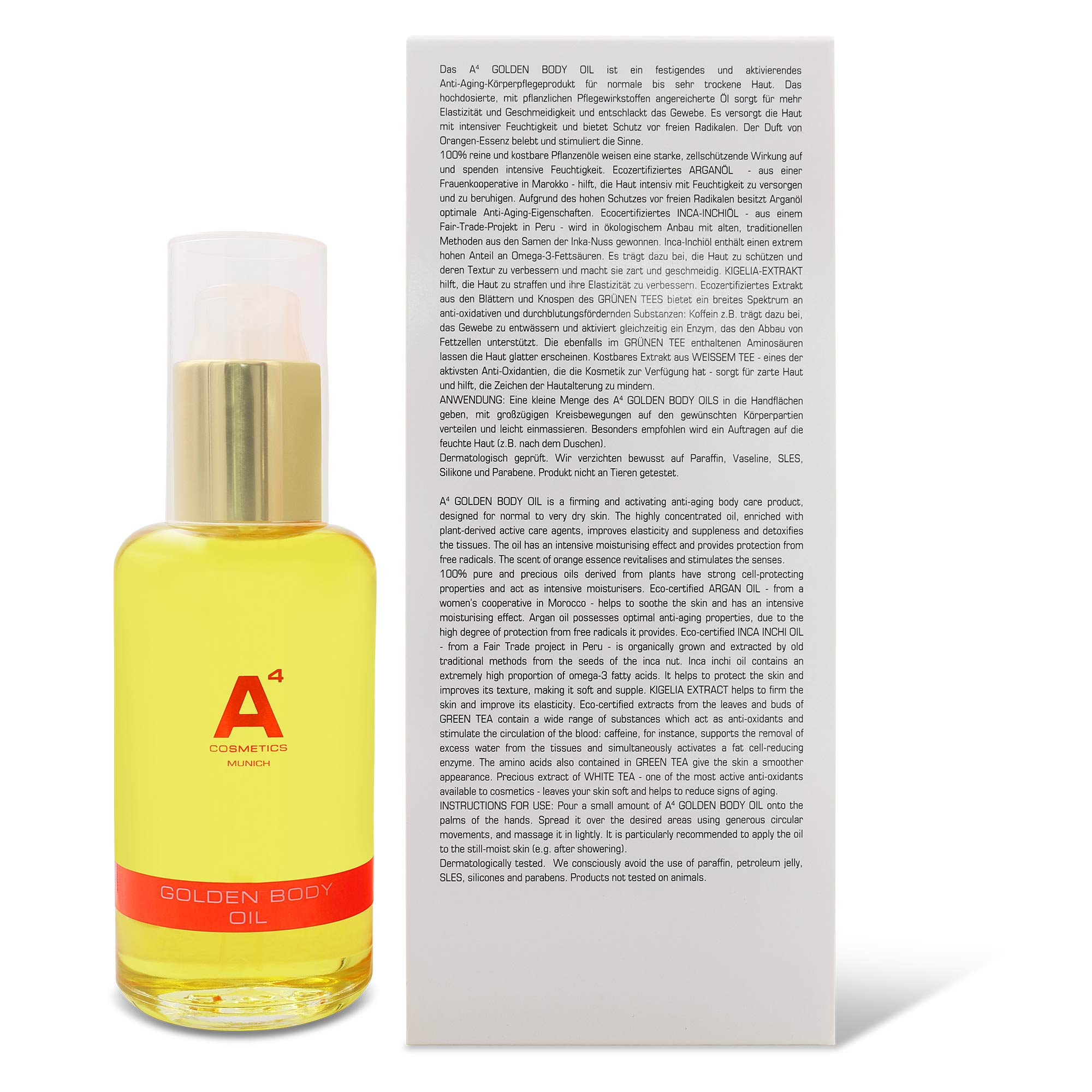 A4 - GOLDEN BODY OIL | Anti-Aging Körperöl mit Arganöl | Schutz vor freien Radikalen | Feuchtigkeitsspende | belebend (100ml)