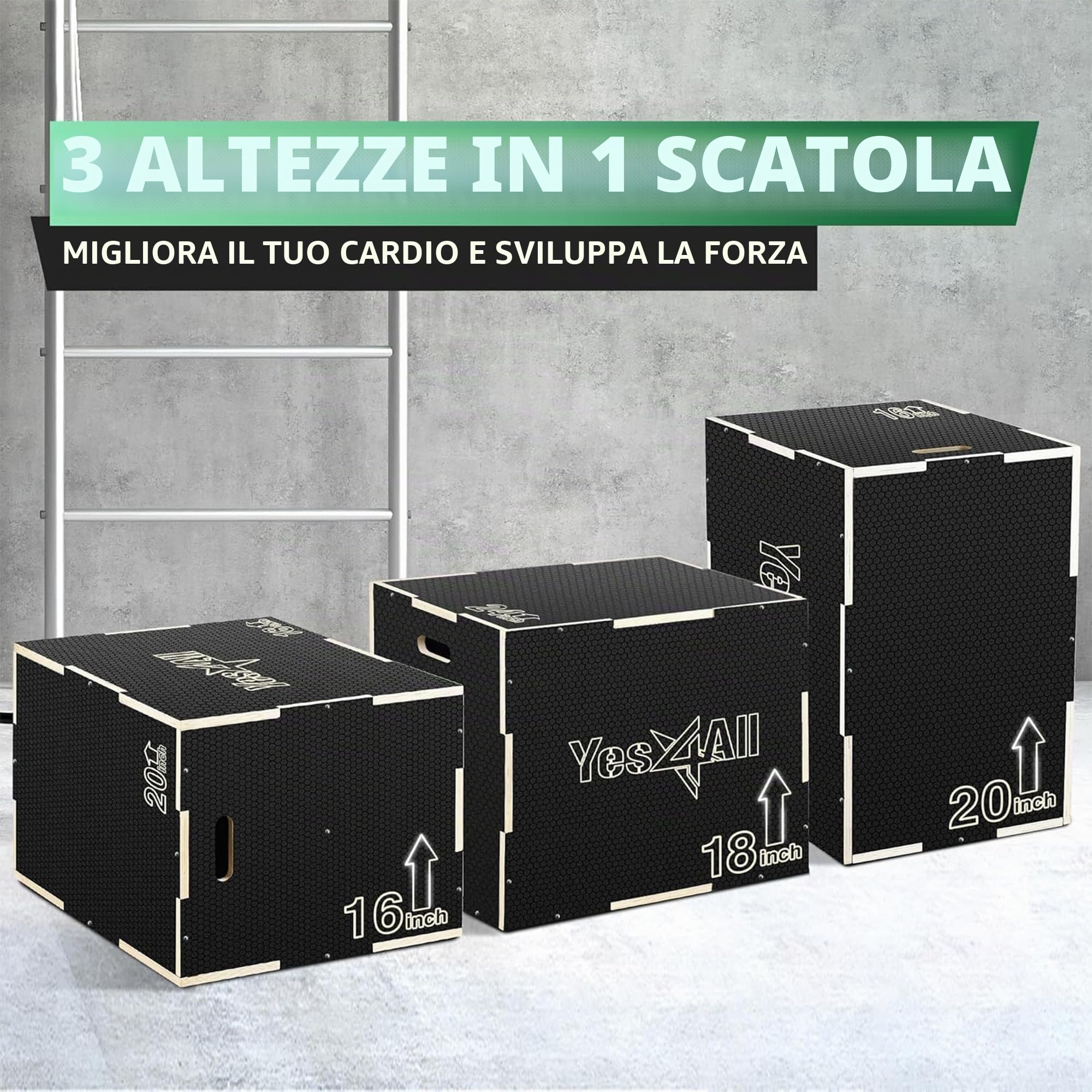 Yes4All Plyo Box 3 in 1 in legno, piattaforma pliometrica per allenamento di salto, scatole di salto per esercizi in palestra a casa e allenamento all'aperto