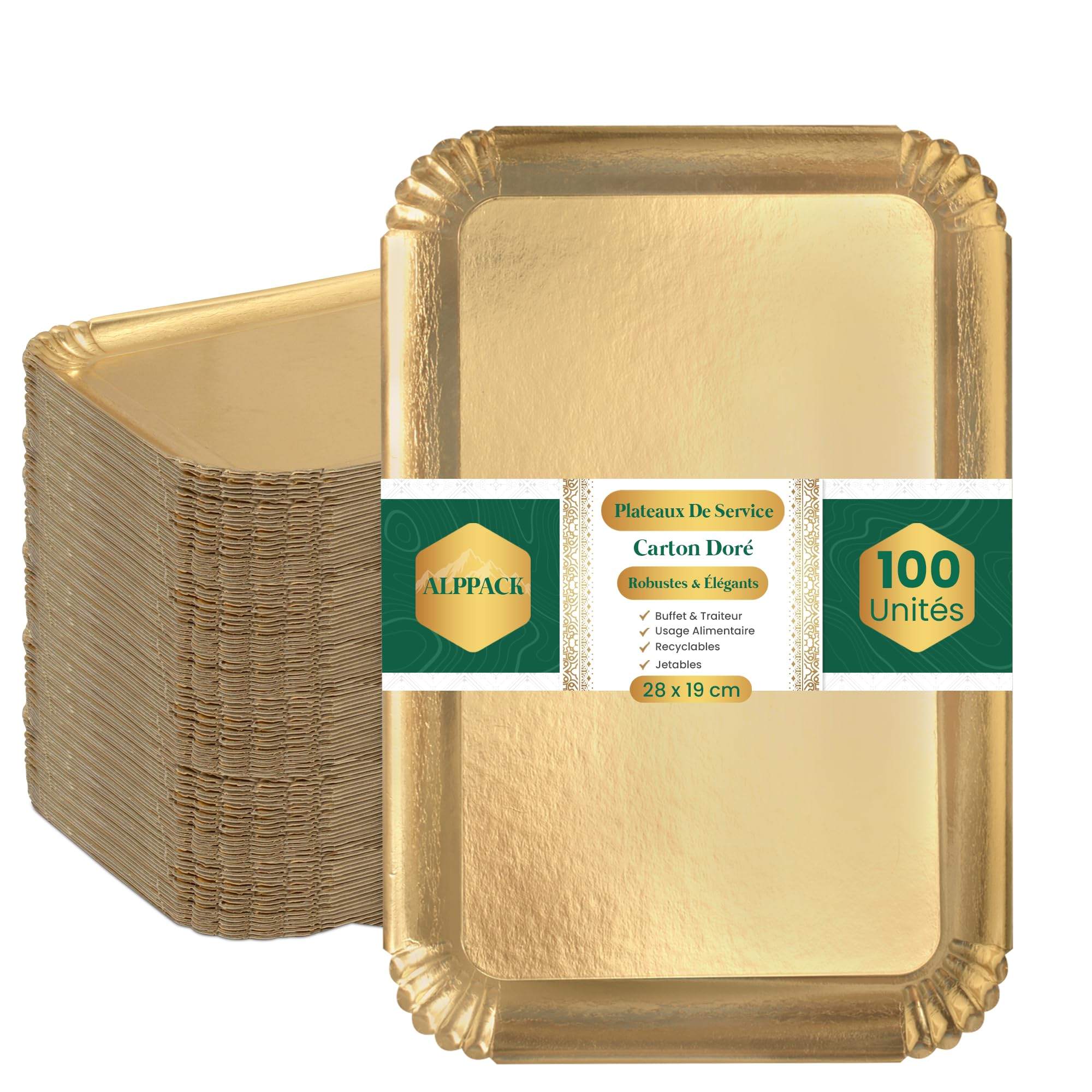 Plateau de Service en Carton Épais Doré 28 × 19 cm – Lot de 100 Plateaux Traiteur Jetables Professionnels – Présentoir Apéritif Buffet – Plateau Jetable pour Buffet, Mariage, Réception et Événement