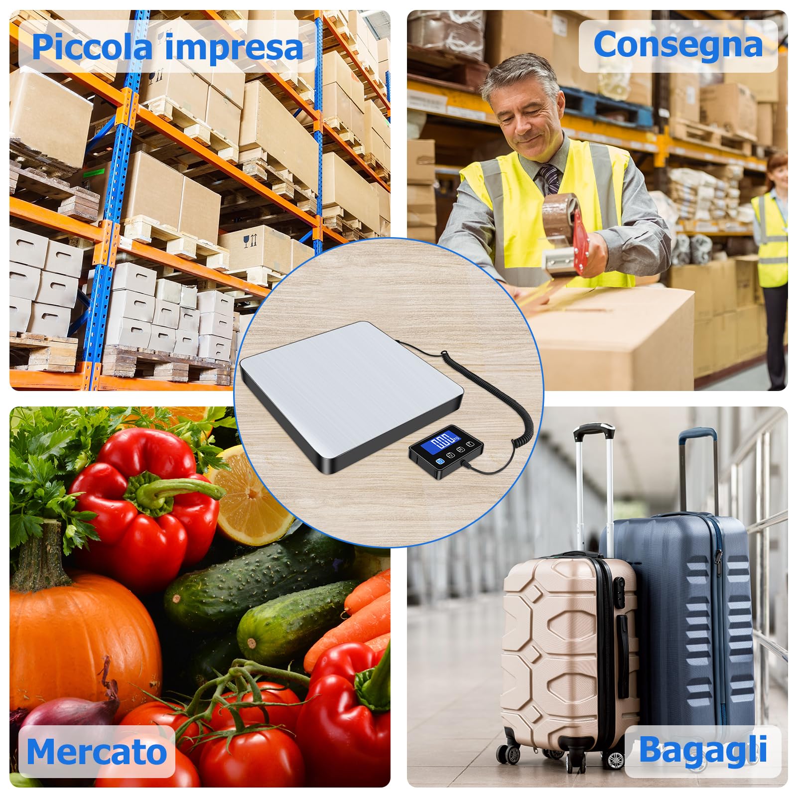 KUAIVO Bilancia Professionale 200kg/10g Alta Precisione, Bilancia Pesa Pacchi LCD Hold Tara, Piattaforma Acciaio Inossidabile