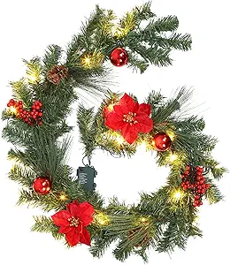 Realistic Christmas Garland with Lights, Fireplace Christmas Garland Decorations with Red Flower and Balls, Indoor Outdoor Fireplace Mantle Christmas Garland Decor 6 FT