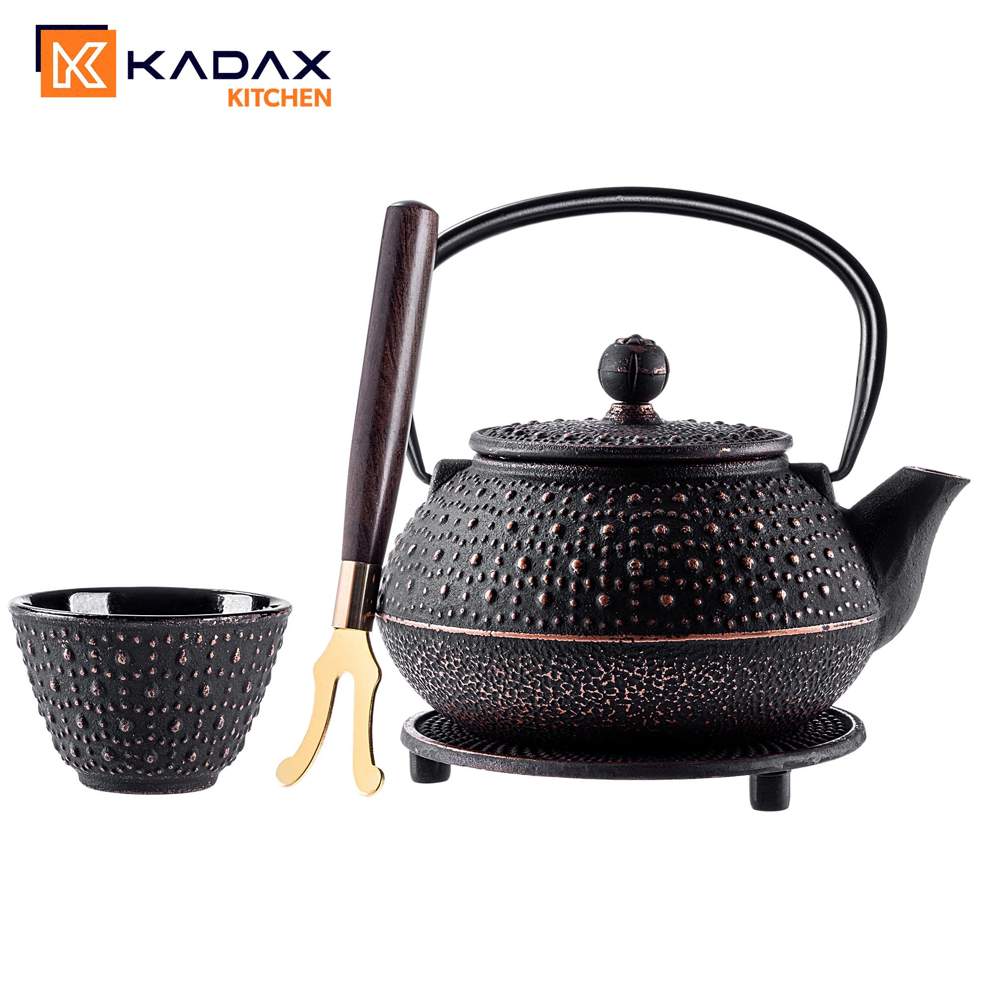 KADAX Théière Japonaise en Fonte de 850ml avec Intérieur Émaillé, Quatre Tasses et Infuseur pour Thé en Vrac, Service à Thé Traditionnel (Noir)