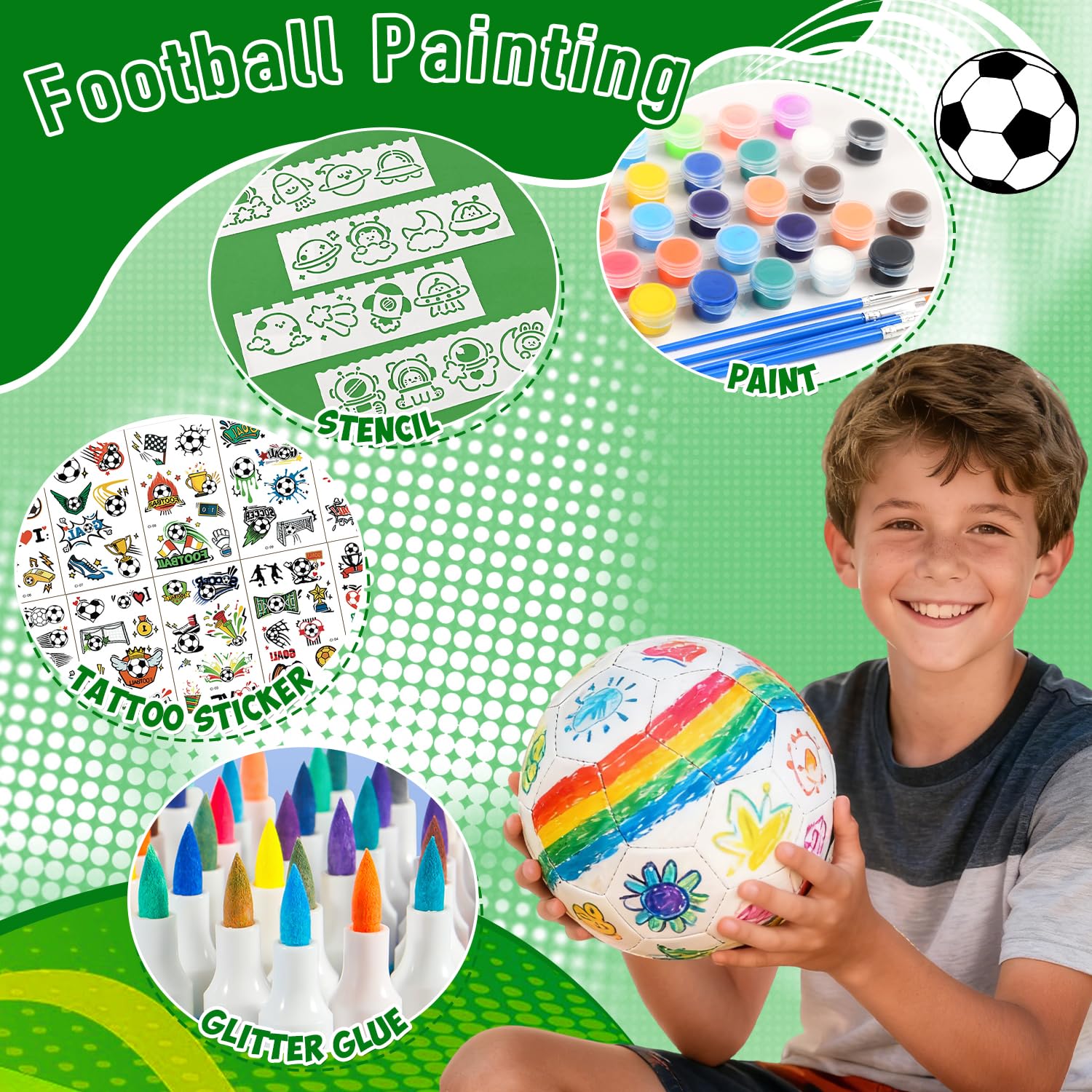 Fantspati Fußball Bastelset Kinder, DIY Fußball Malset Bastelset Kit Jungen Mädchen Kreatives Geschenk für Kinder Bemalen Set mit 6*Fußball, 10*Aufkleber, 12 Farben Pigment
