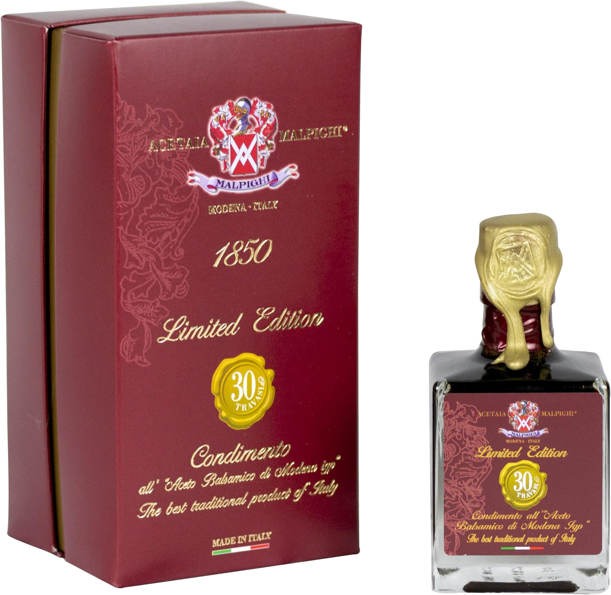 Acetaia Malpighi โ Aged Balsamic Vinegar of Modena Condiment โ โ30 Travasiโ | Limited Edition | Extra Dense | Produced in Small Batches | Imported from Italy | Gift Box | 100 ml / 3.4 fl. oz.
