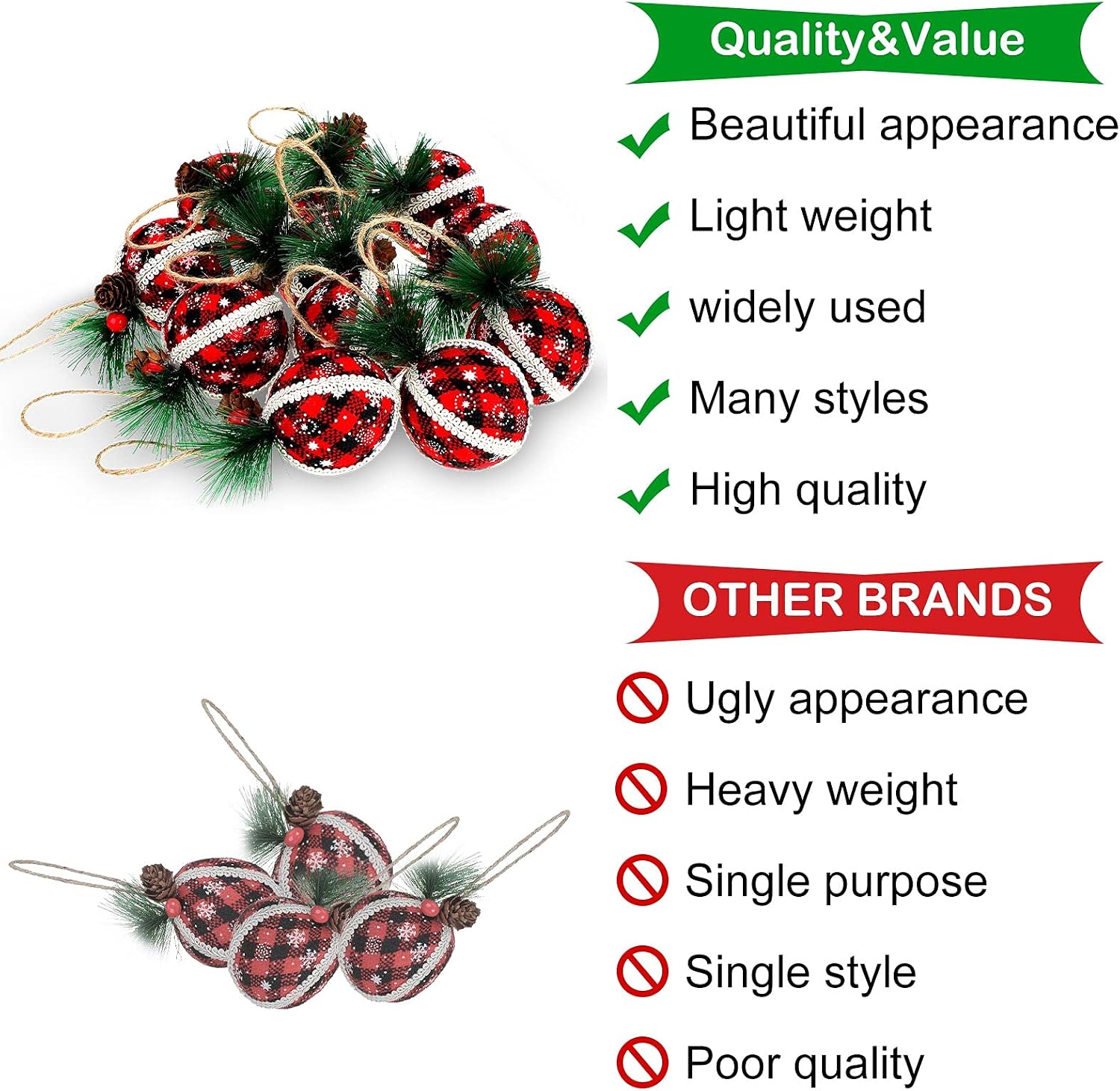 Canlierr 12 Pieces Christmas Buffalo Plaid Ball Ornaments Rustic Christmas Ornaments Plaid Foam Burlap Ornament Xmas Tree Hanging Decorations for Party Anniversary Decor