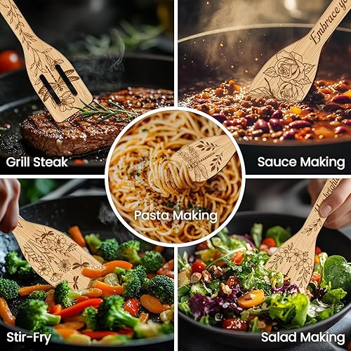 Miniatura 4 de CUTHOLLOW Juego de 6 utensilios de cocina de madera de libélula y flor, juego de cucharas de madera de bambú no tóxicas para cocinar, el mejor