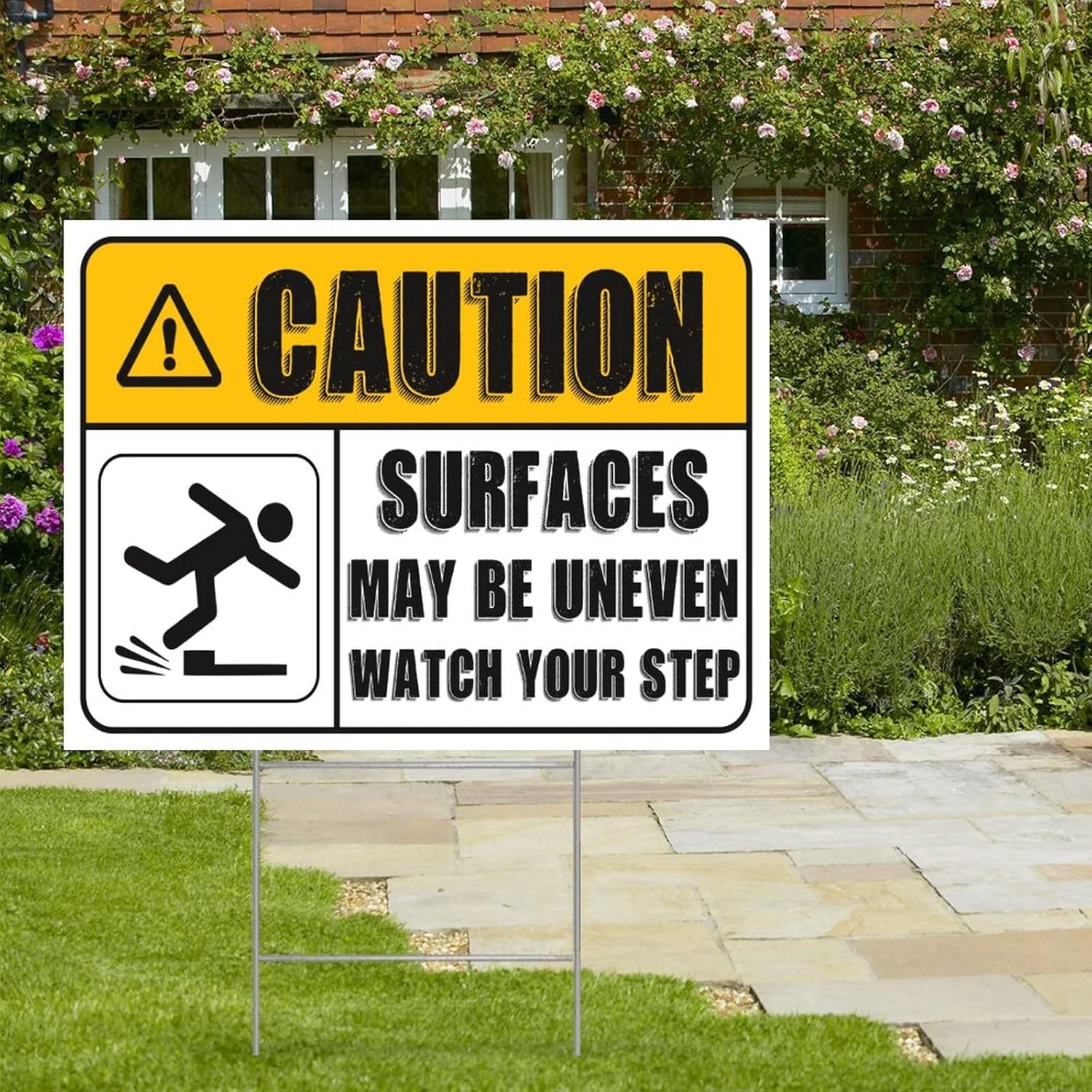 Caution Surfaces May Be Uneven Watch Your Step Farmhouse Yard Sign with H-Stakes 18x24 Inch Double Sided Corrugated Plastic Outdoor Warning Notice Sign for Road Street Countryside Lawn Decor
