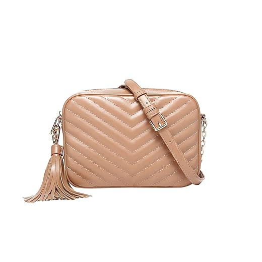 Daisy Rose Quilted Chevron Shoulder Cross Body Bag & Detachable Tassel, PU Vegan Leather - Black