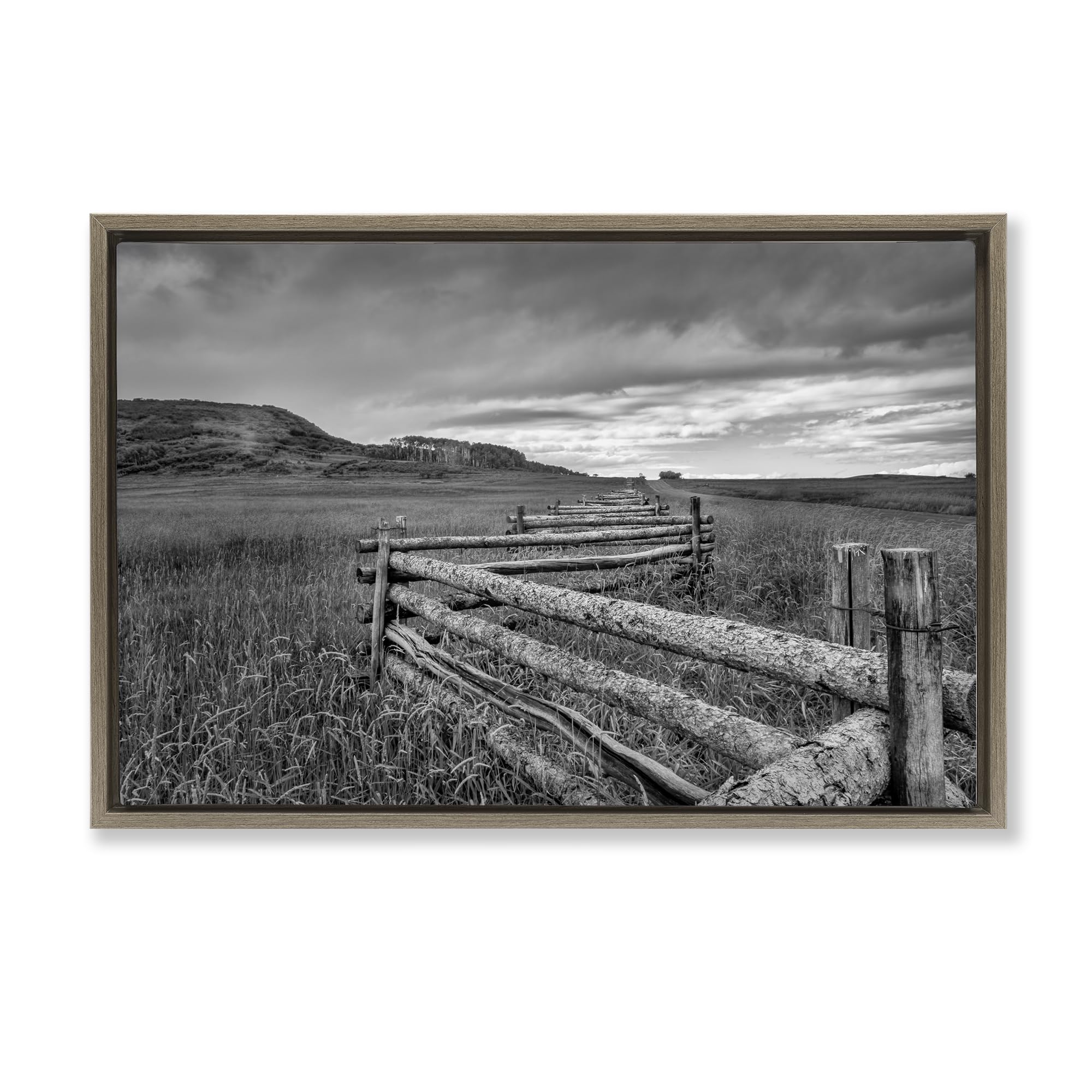 Stupell Industries Weathered Fence and Distant Horizon, Greyscale Rural Landscape for Living Room, 16 x 24 Inch Gallery Wrapped Canvas Wall Art in Floater Frame, by Jon Evan, Made in USA Gift