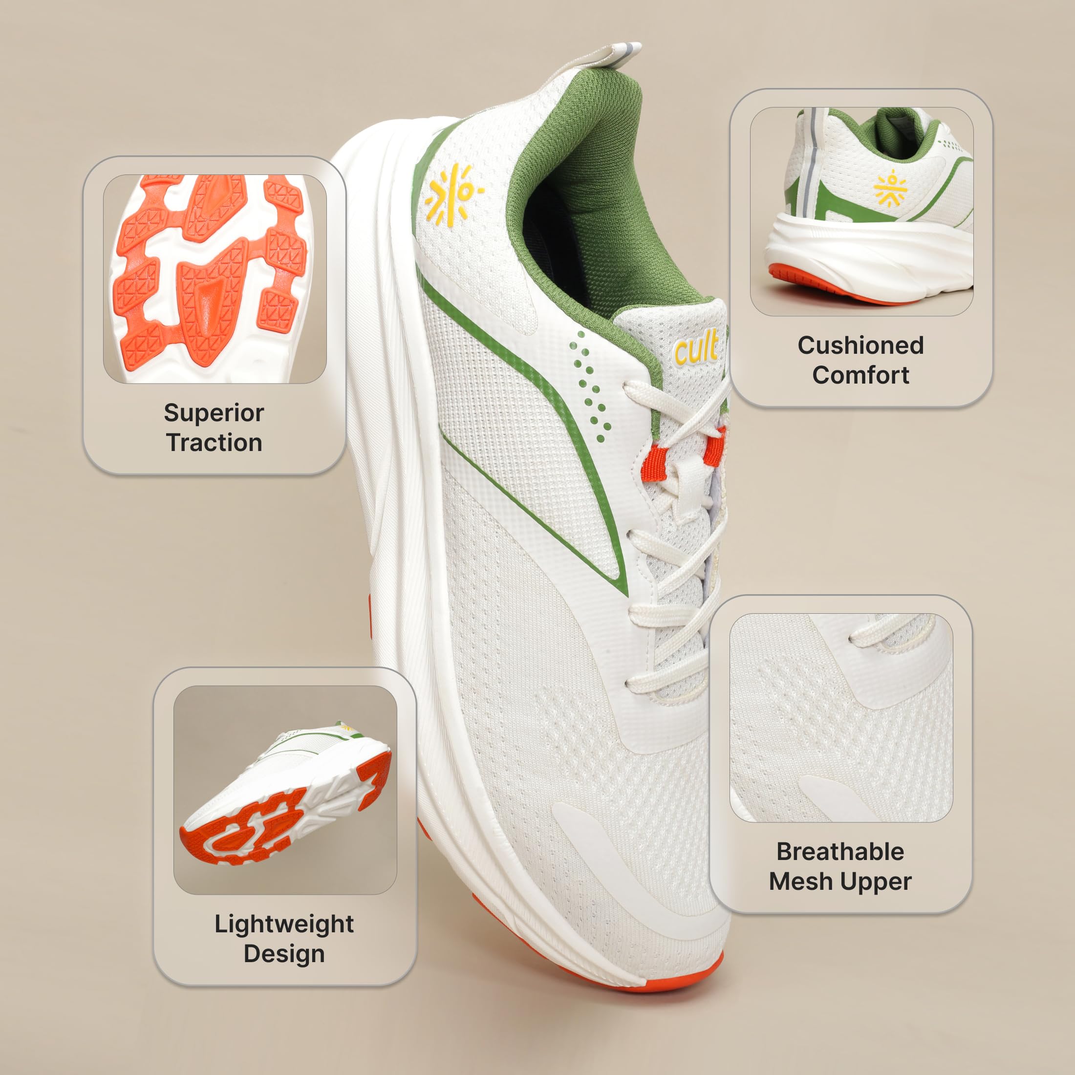 CULT Men's Leap Running Shoes, Enhanced Cushioning, Enhanced Grip, Lighweight, High Traction, Sports Footwear for Men (CS704042UK7_UK7_Off White) 2