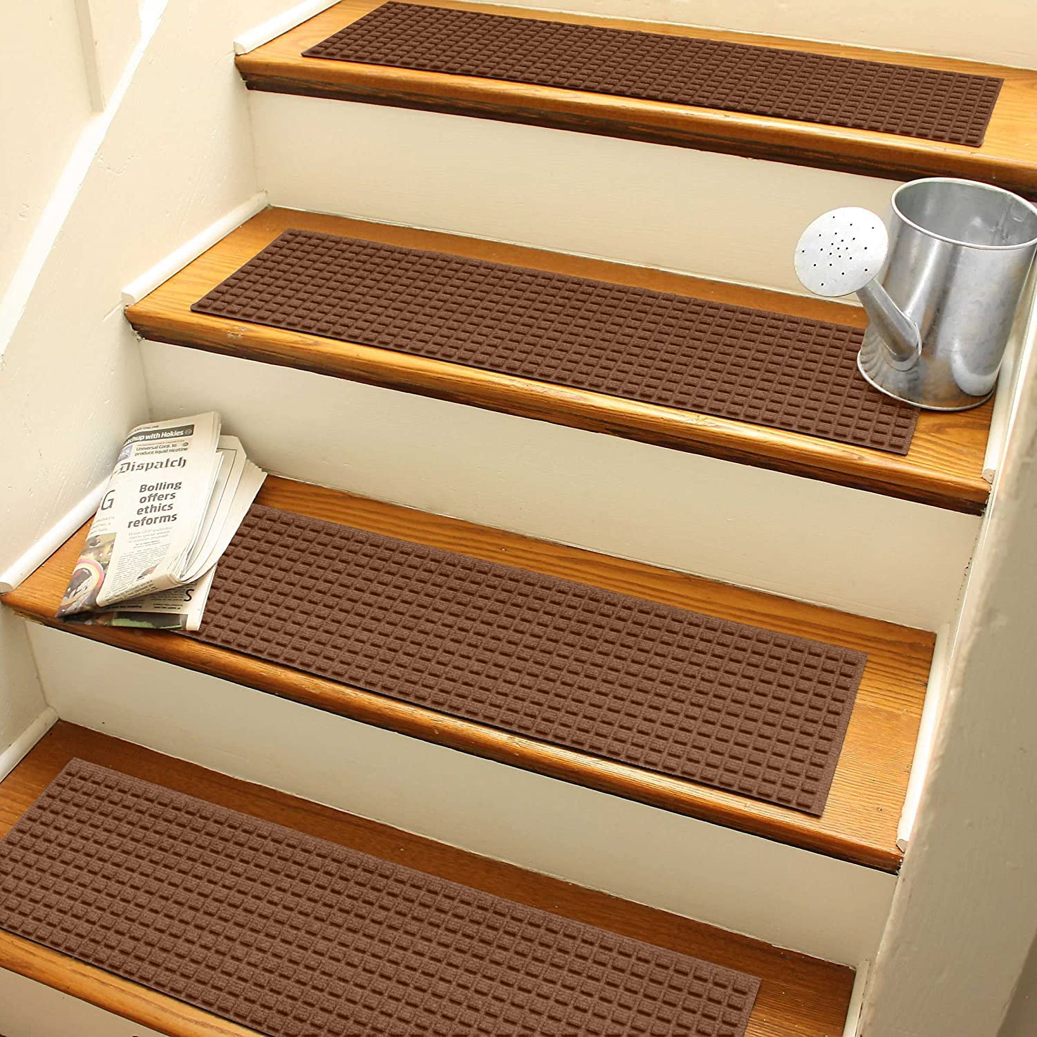 Bungalow Flooring Waterhog Stair Treads, Set of 4, 8-1/2 x 30 inches, Made in USA, Durable and Decorative Floor Covering, Indoor/Outdoor, Water-Trapping, Squares Collection, Dark Brown