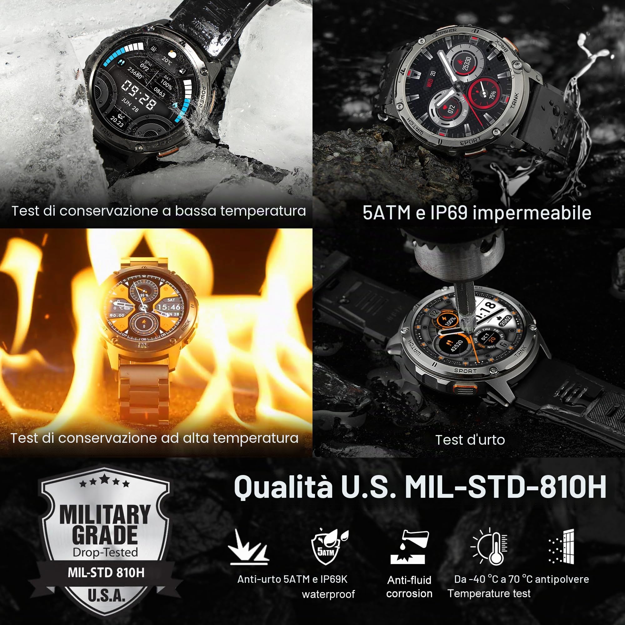 KOSPET TANK T3 Smartwatch，Impermeabile 5ATM & IP69K, Batteria Extra Large | Corpo in Acciaio Completo, Monitoraggio Frequenza Cardiaca e SpO2, 170+Modalità Sportiva, Compatibile Android & iPhone Nero