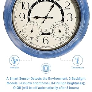 18 Inch Illuminated Retro Indoor Outdoor Wall Clocks with Thermometer and Hygrometer Waterproof Metal Large Clocks with Auto Light Smart Sensor for House Warming Gifts New Home Living Room Decor